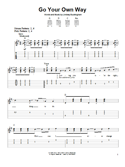 Go Your Own Way (Easy Guitar Tab) von Fleetwood Mac