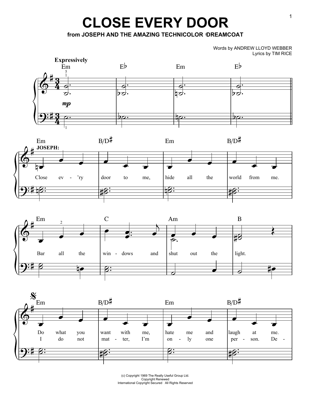 Close Every Door (from Joseph and the Amazing Technicolor Dreamcoat) (Easy Piano) von Andrew Lloyd Webber