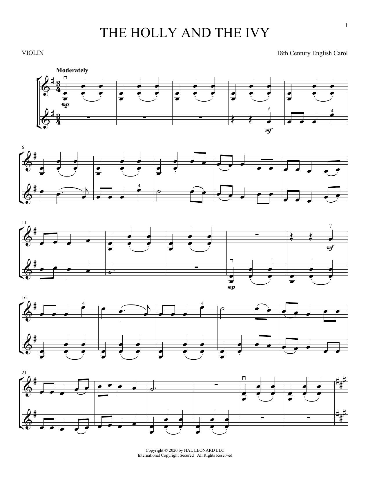 The Holly And The Ivy (Violin Duet) von 18th Century English Carol