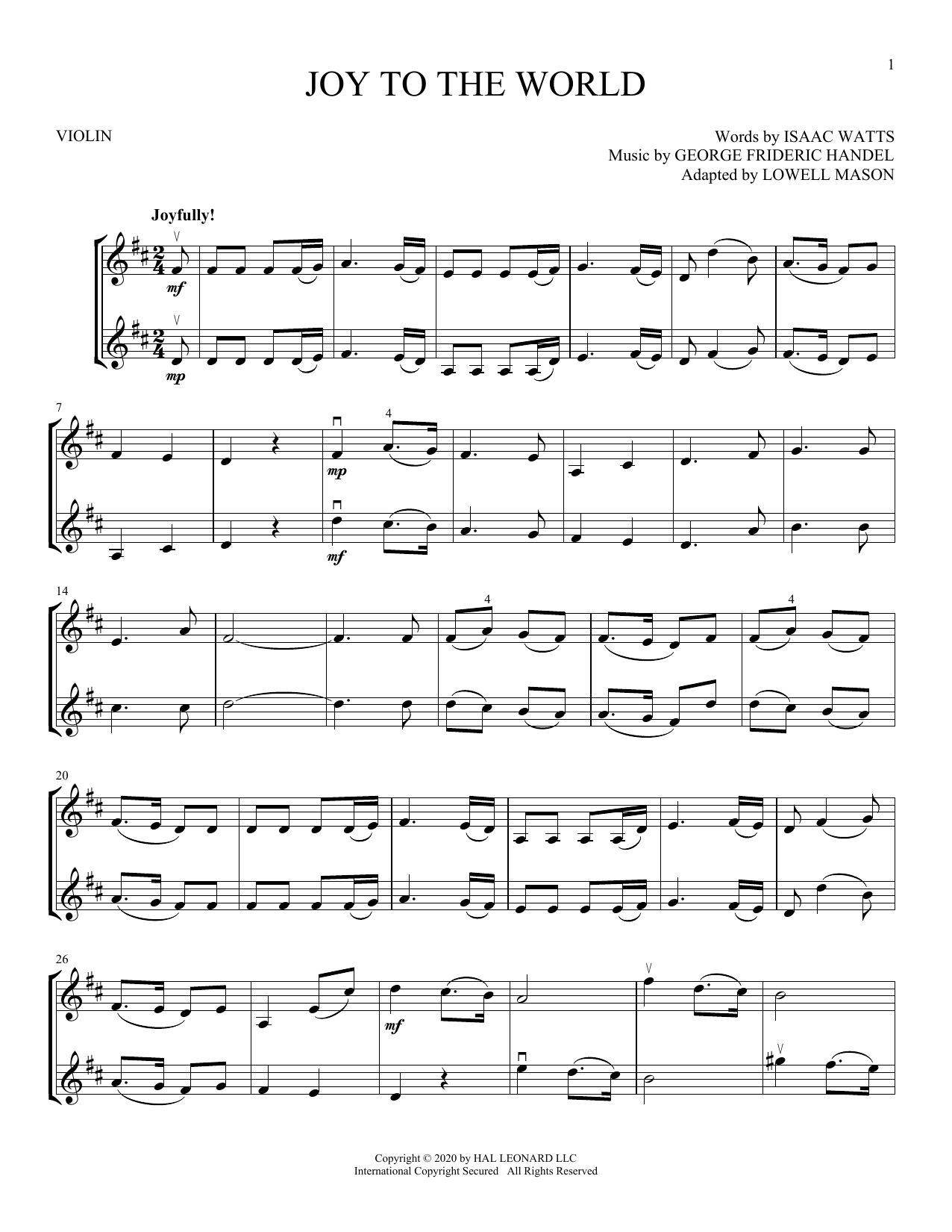 Joy To The World (Violin Duet) von George Frideric Handel