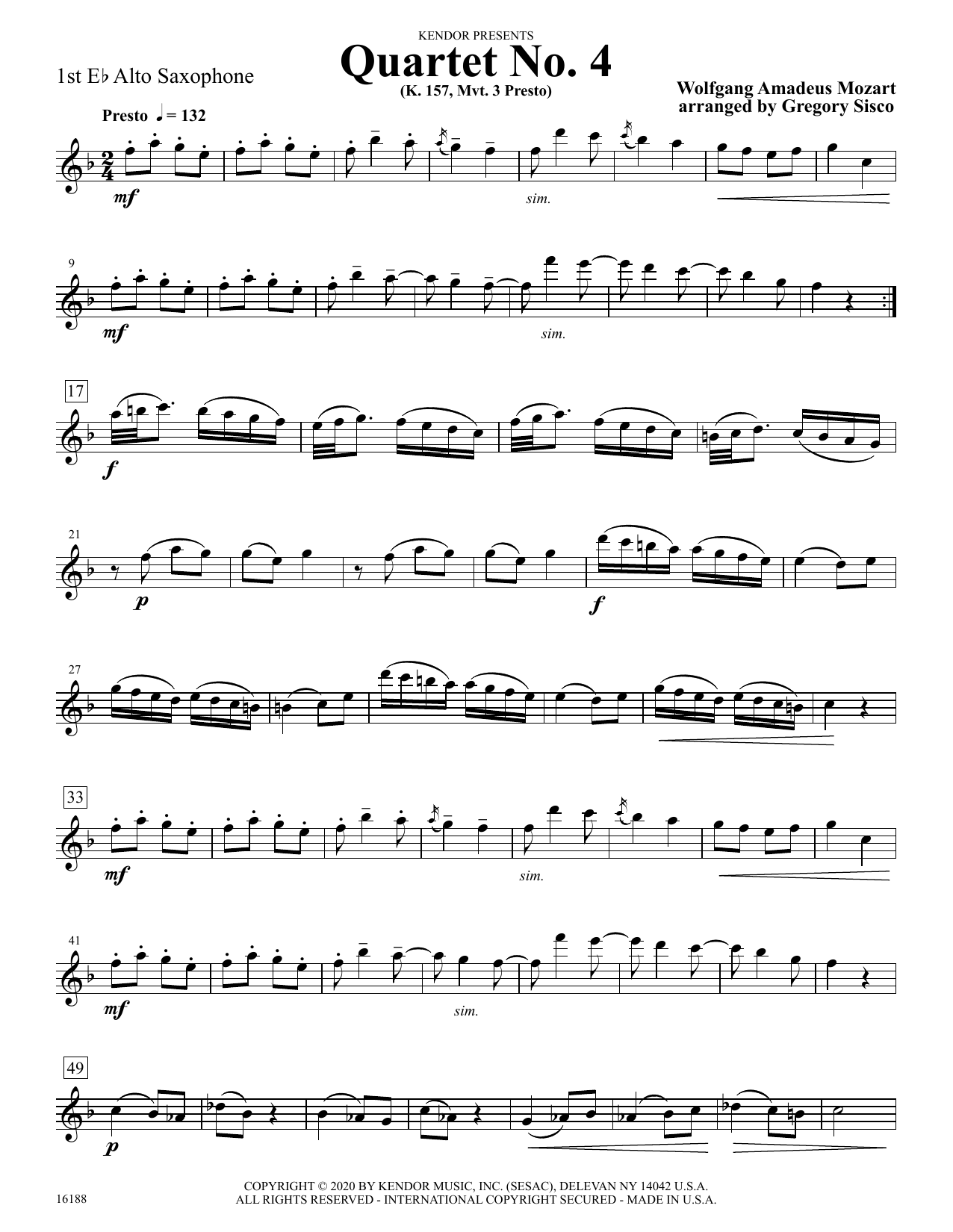 Quartet No. 4 (K. 157, Mvt. 3 Presto) (arr. Gregory Sisco) - 1st Eb Alto Saxophone (Woodwind Ensemble) von Wolfgang Amadeus Mozart