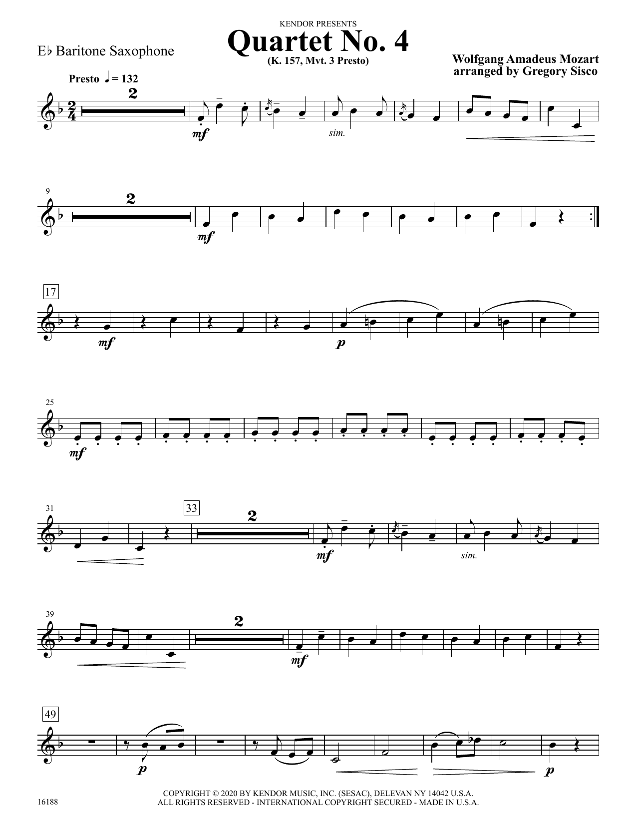 Quartet No. 4 (K. 157, Mvt. 3 Presto) (arr. Gregory Sisco) - Eb Baritone Saxophone (Woodwind Ensemble) von Wolfgang Amadeus Mozart