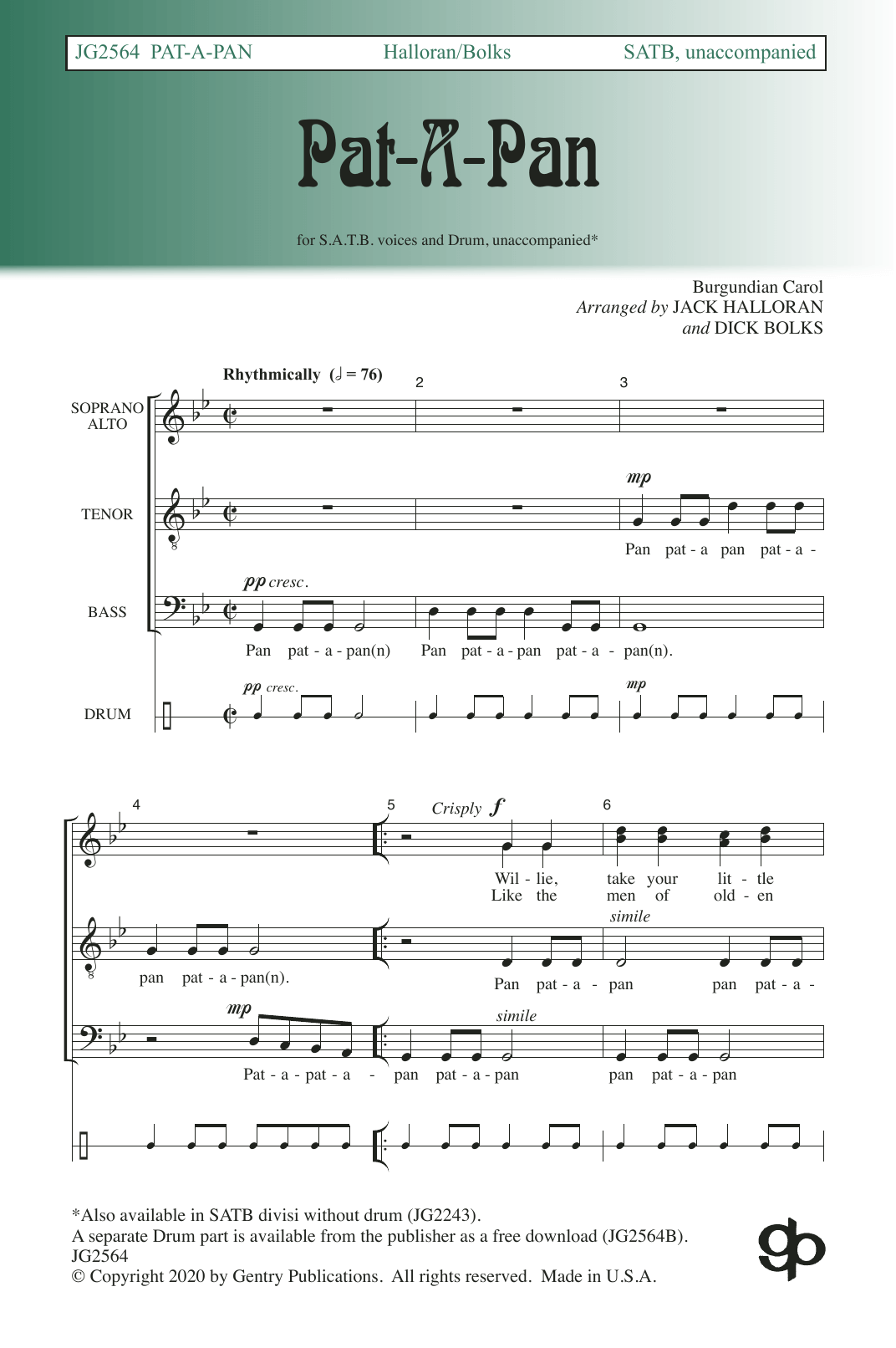 Pat-a-Pan (SATB Choir) von Jack Halloran & Dick Bolks