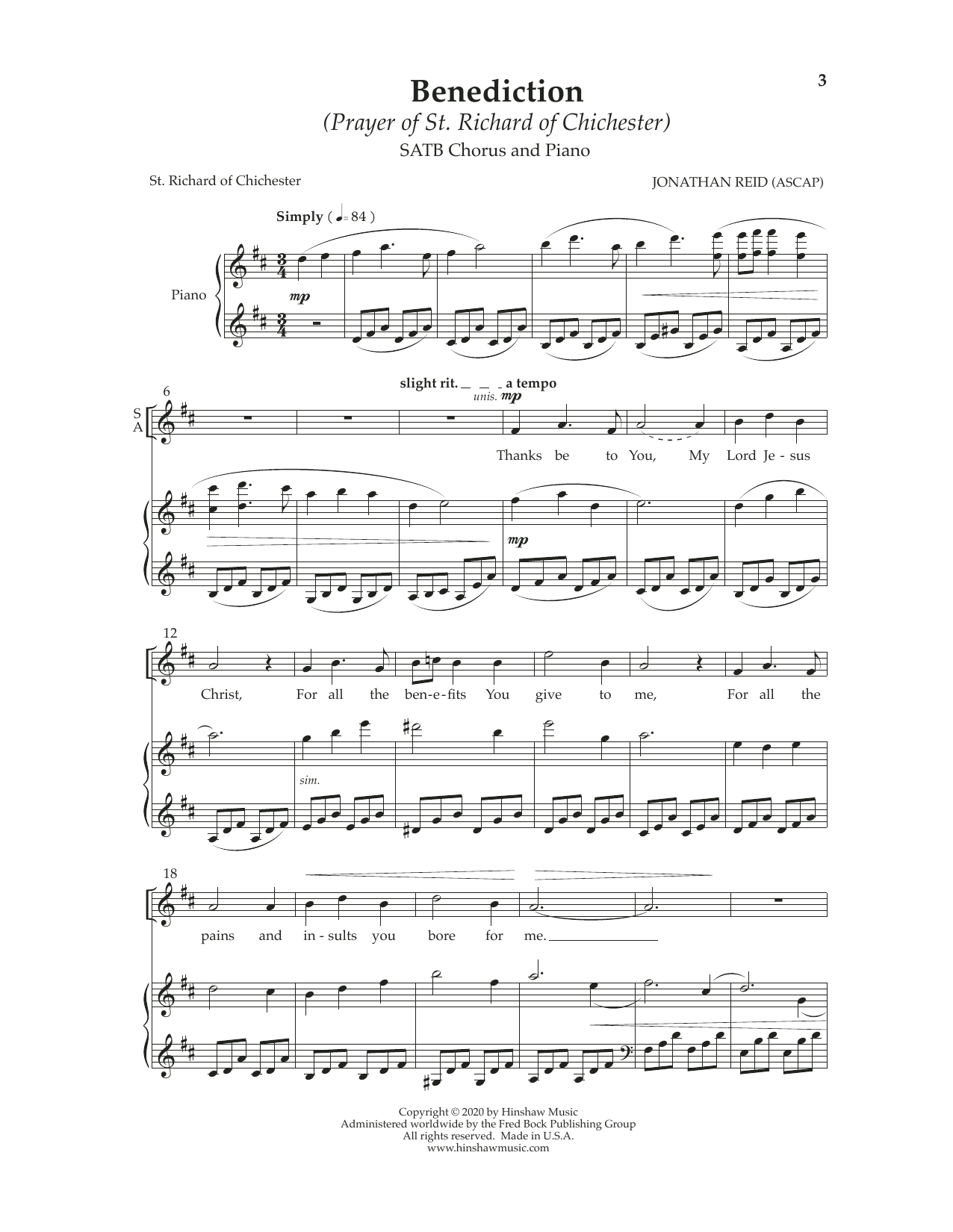 Benediction (Prayer of St. Richard of Chichester) (SATB Choir) von Jonathan Reid