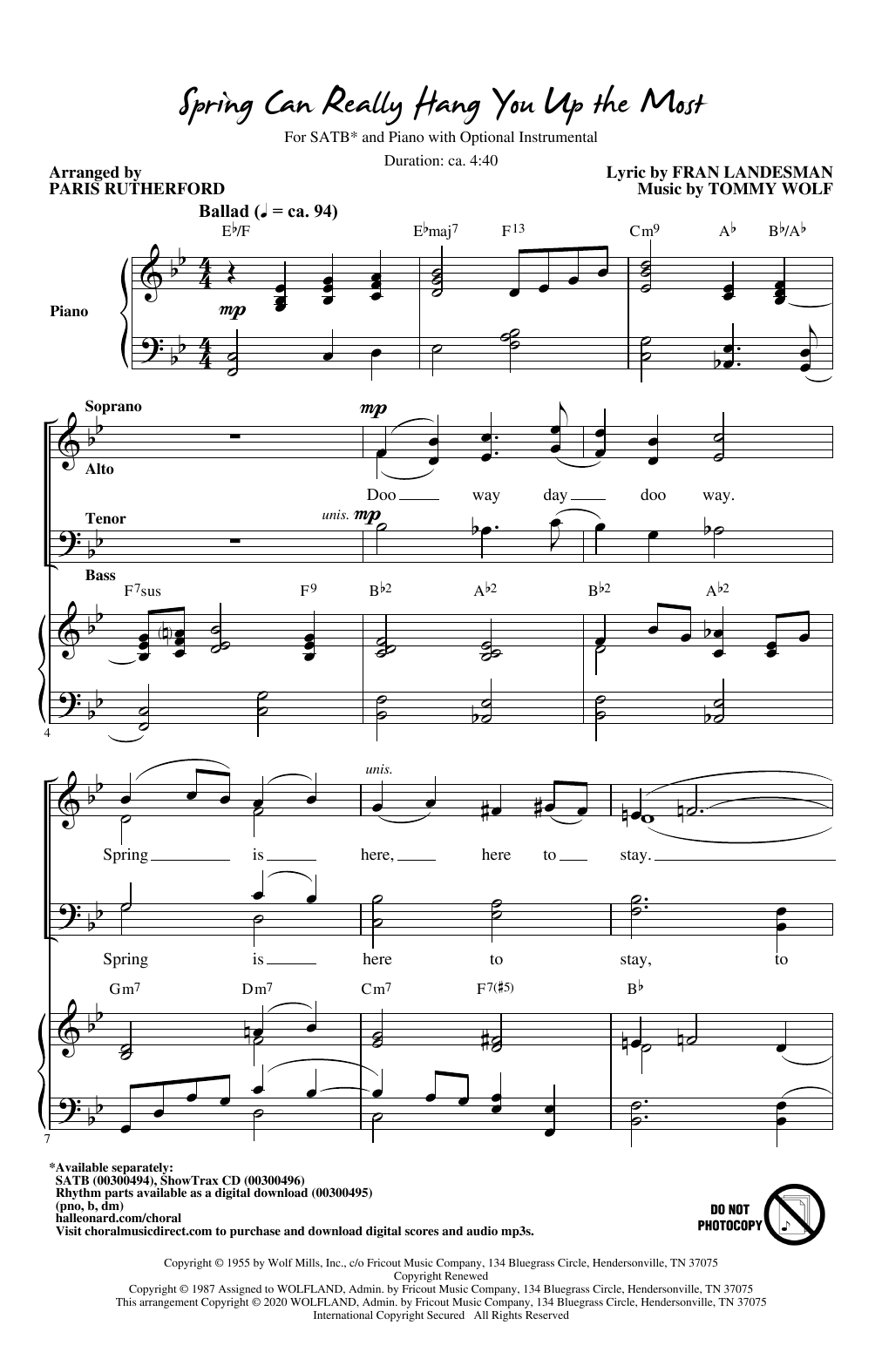 Spring Can Really Hang You Up The Most (arr. Paris Rutherford) (SATB Choir) von Fran Landesman and Tommy Wolf