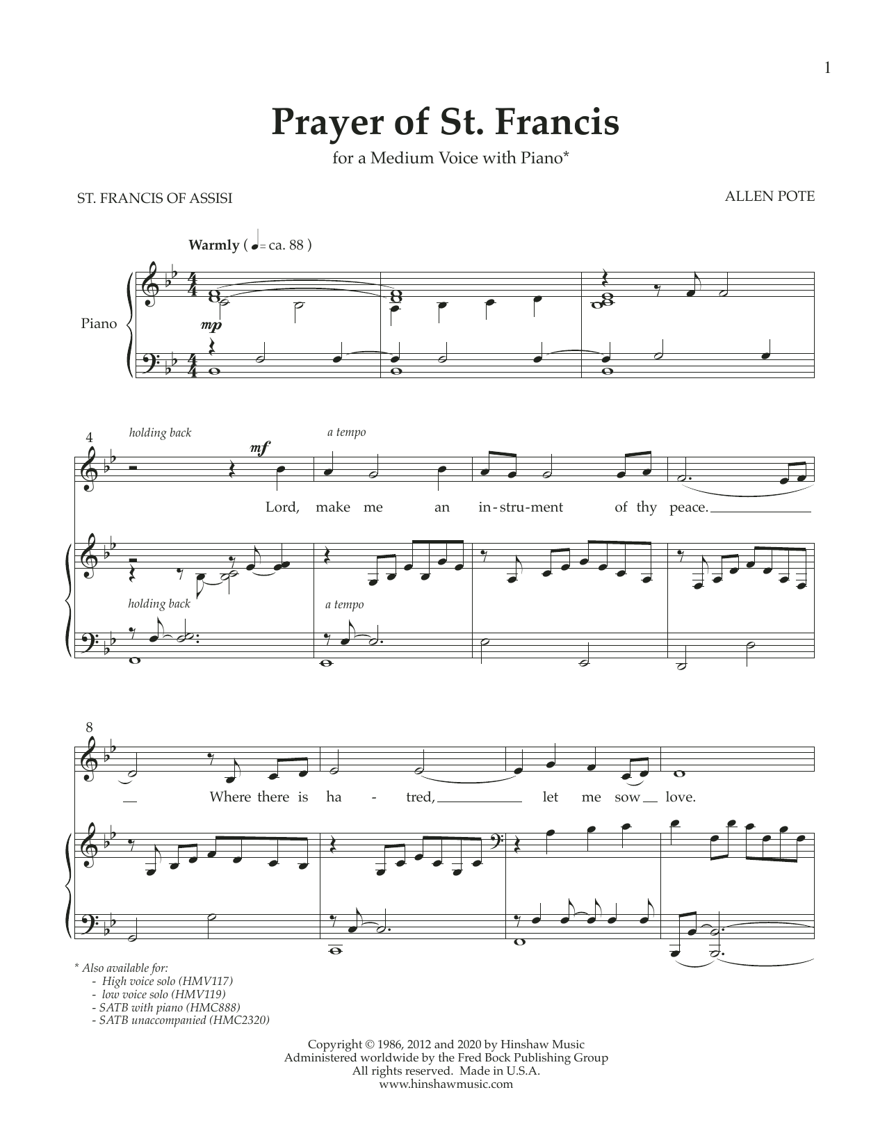 Prayer of St. Francis (Medium Voice) (Piano & Vocal) von Allen Pote