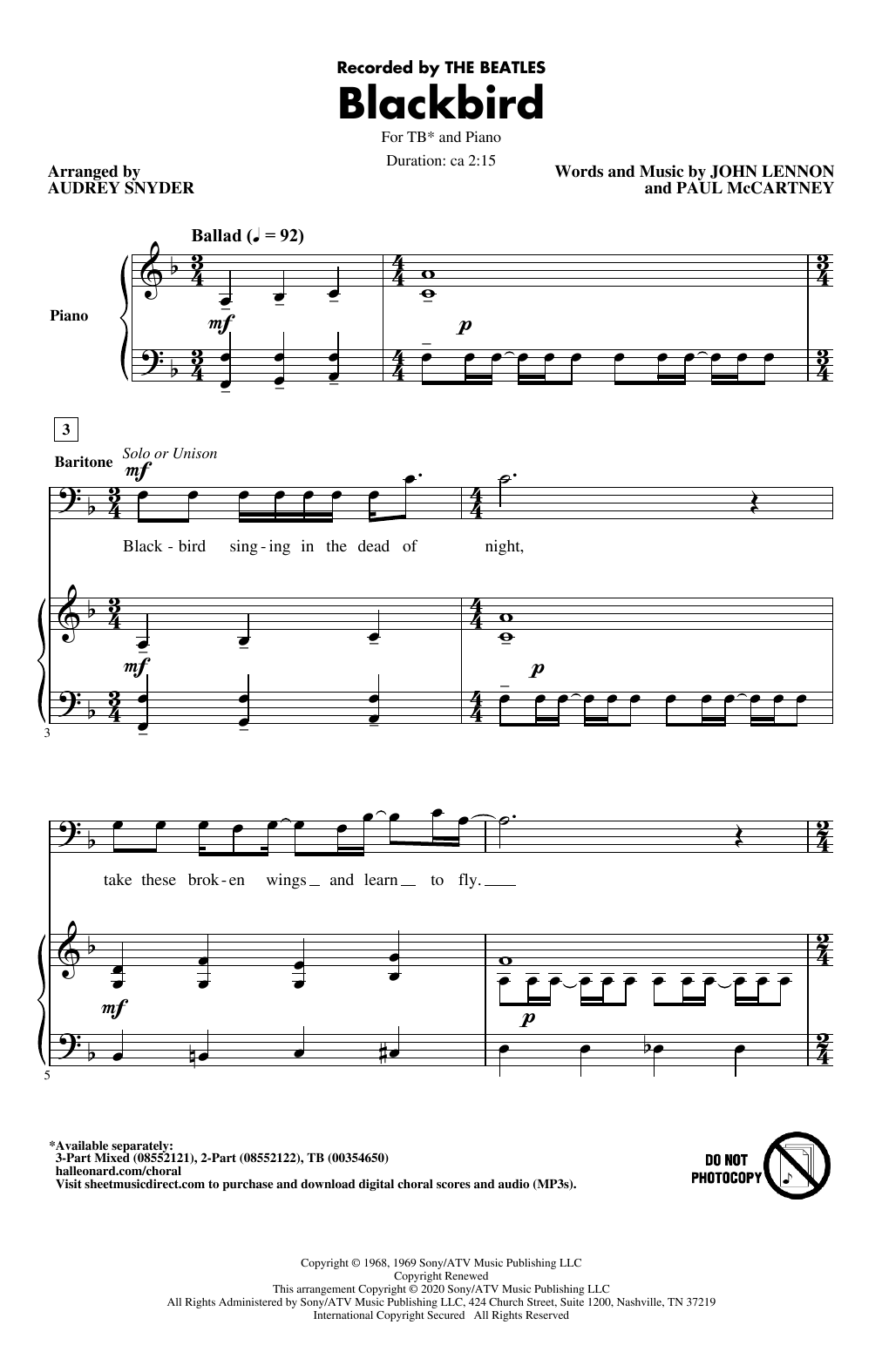 Blackbird (arr. Audrey Snyder) (TB Choir) von The Beatles