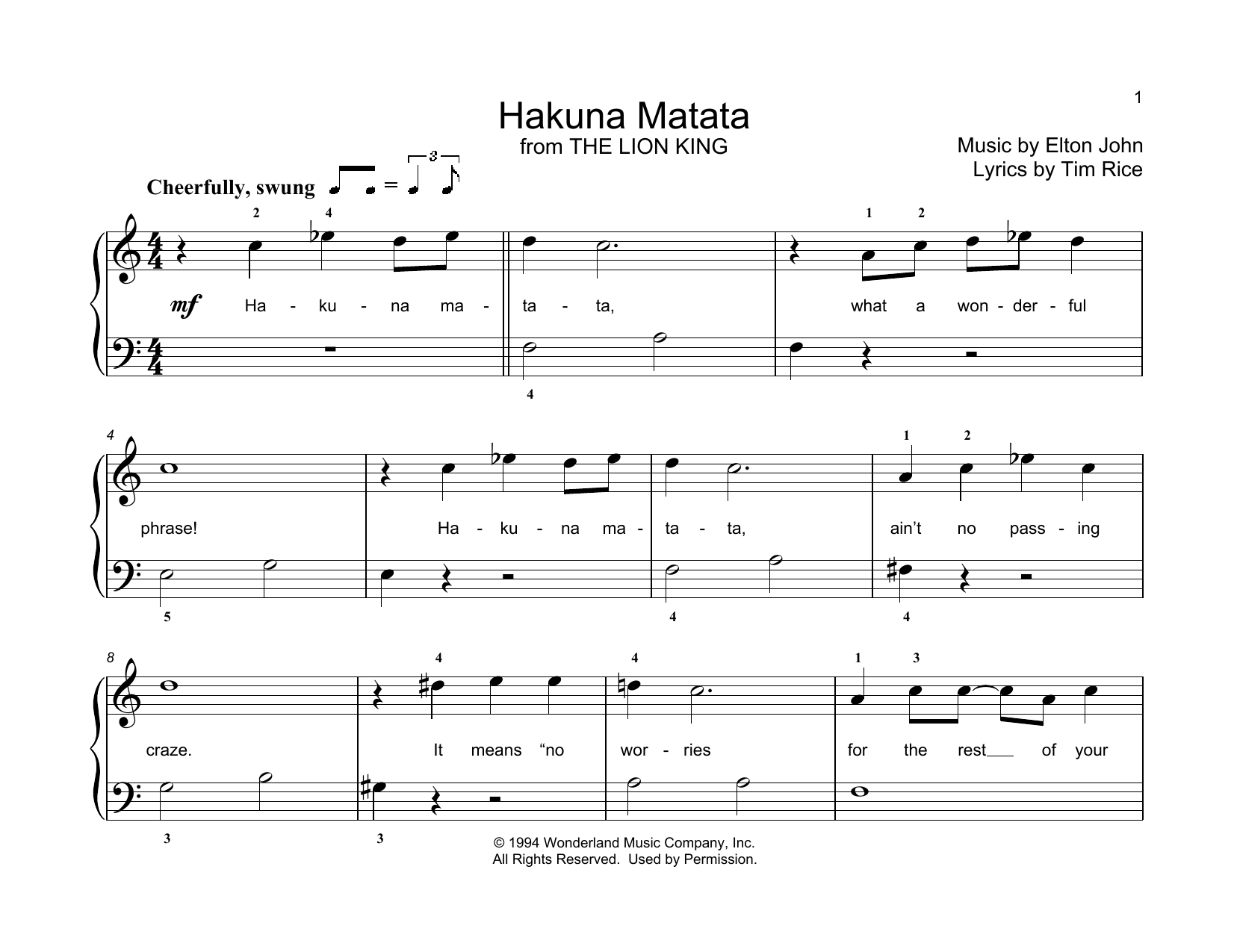 Hakuna Matata (from The Lion King) (arr. Christopher Hussey) (Educational Piano) von Elton John