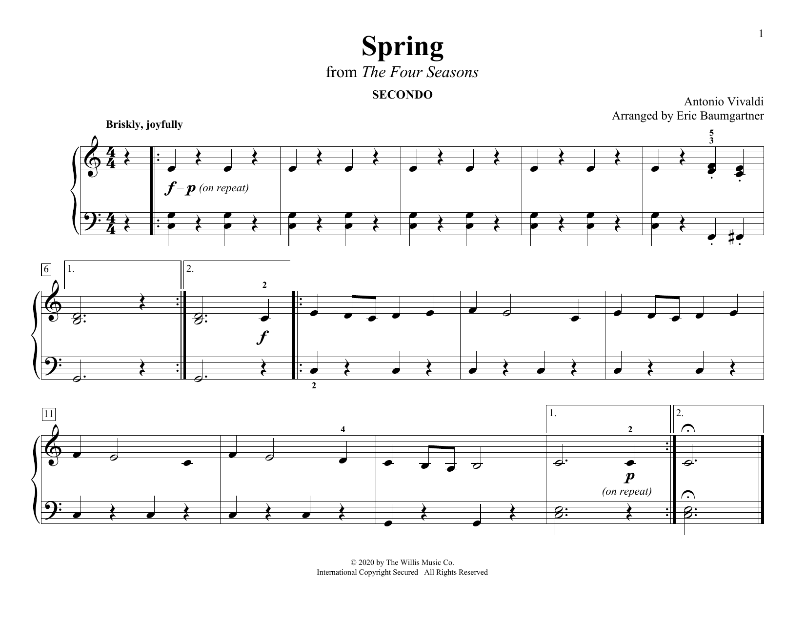 Spring (from The Four Seasons) (arr. Eric Baumgartner) (Piano Duet) von Antonio Vivaldi