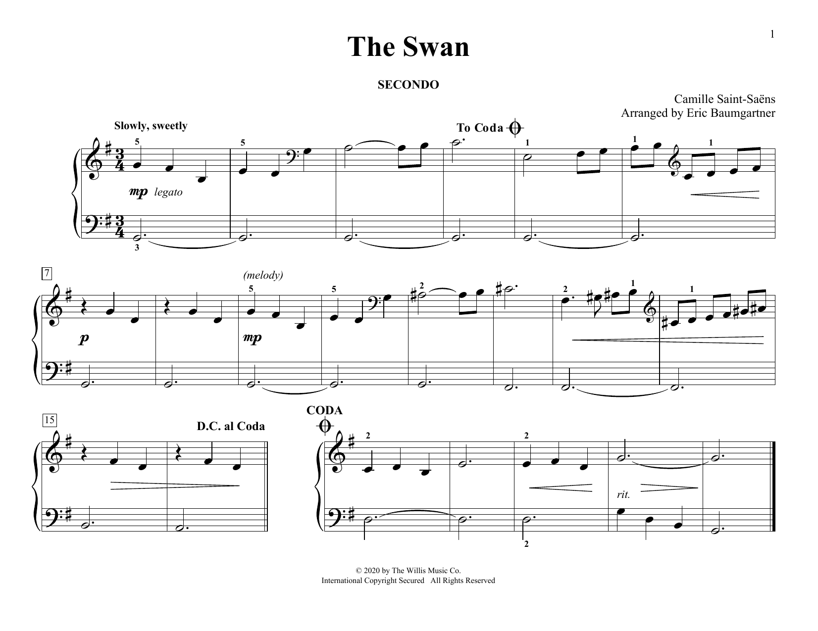 The Swan (arr. Eric Baumgartner) (Piano Duet) von Camille Saint-Saens