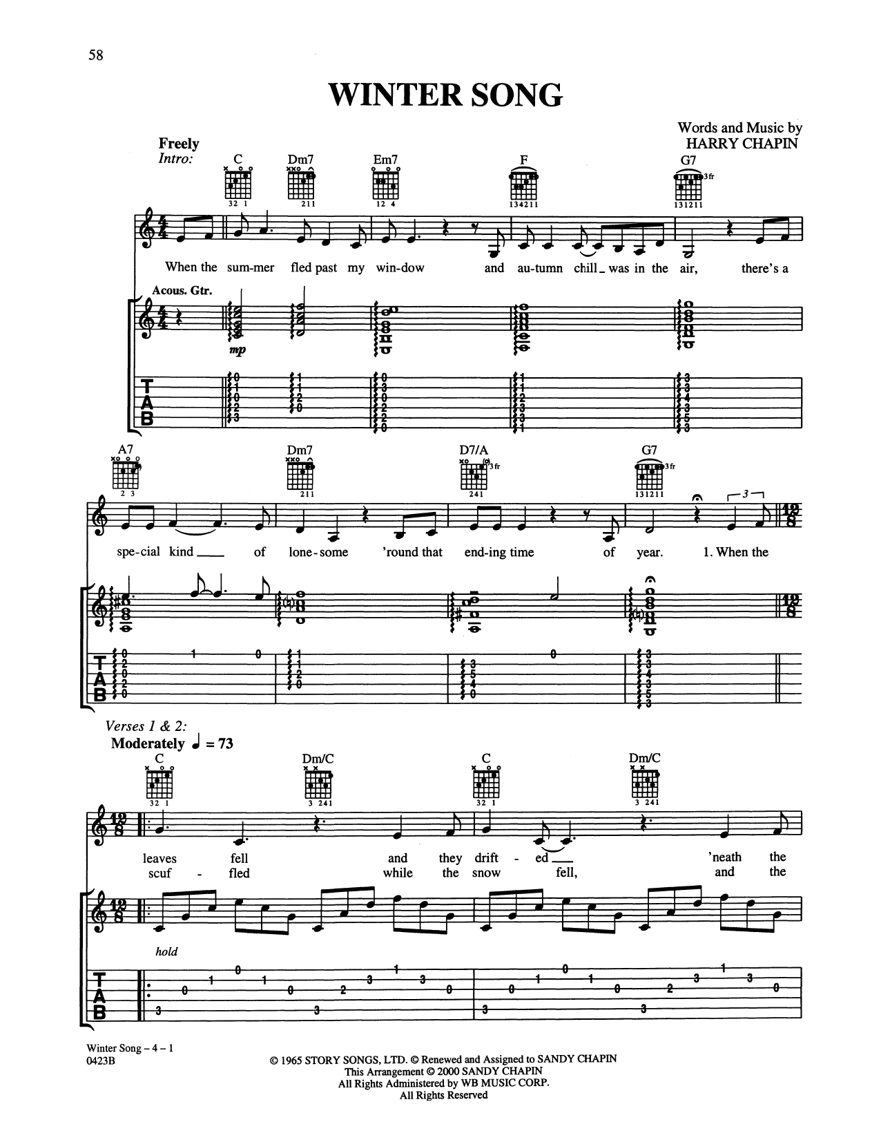 Winter Song (Guitar Tab) von Harry Chapin