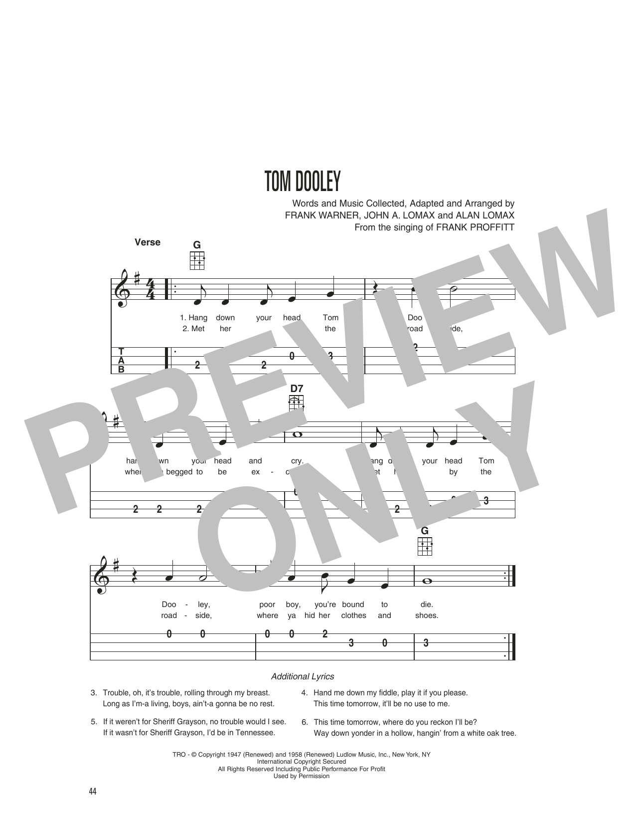 Tom Dooley (Easy Ukulele Tab) von Kingston Trio