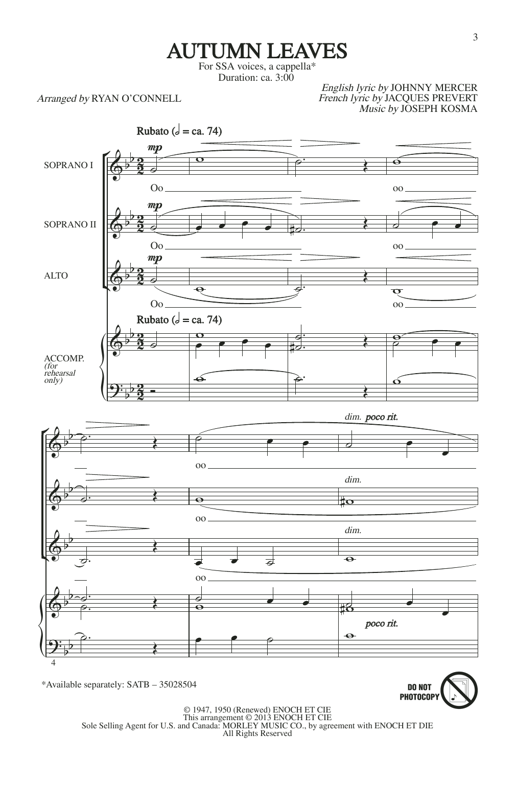 Autumn Leaves (arr. Ryan O'Connell) (SSA Choir) von Johnny Mercer