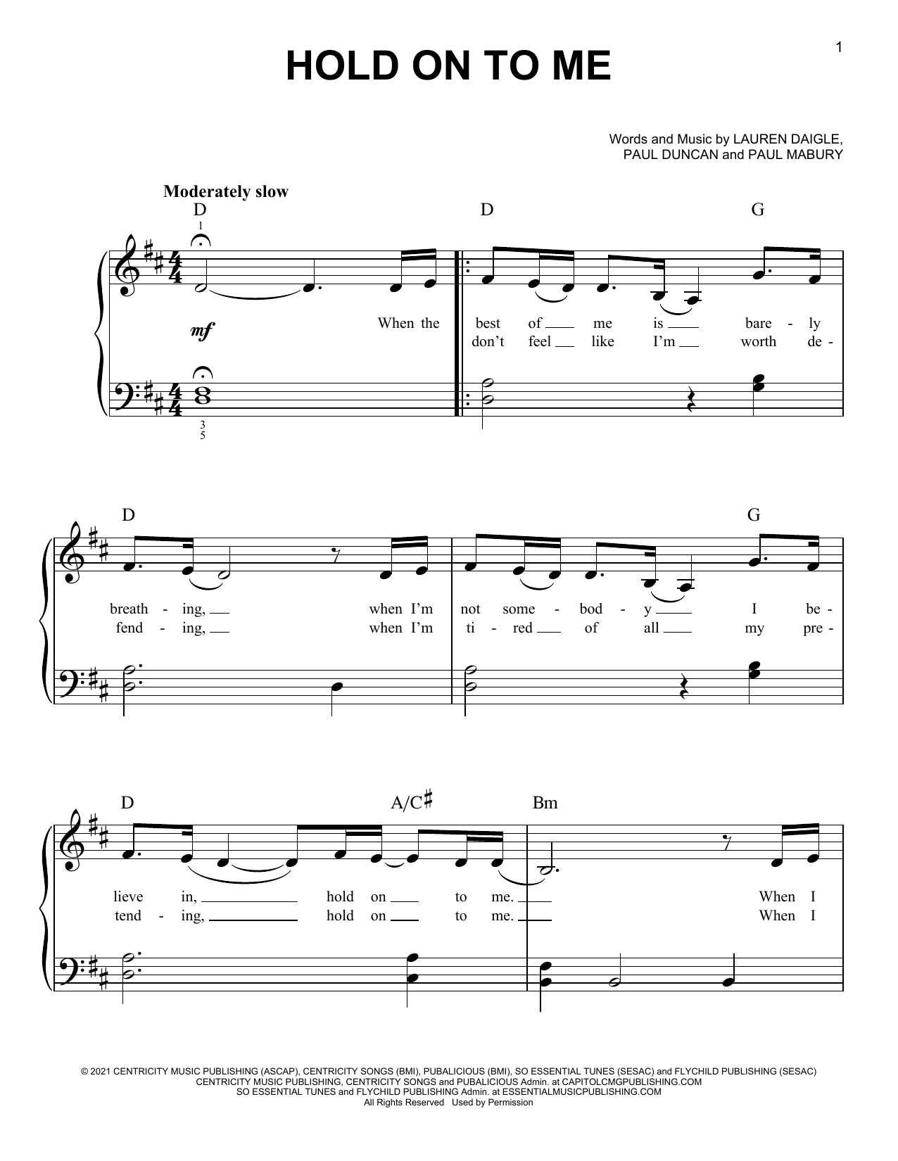 Hold On To Me (Easy Piano) von Lauren Daigle