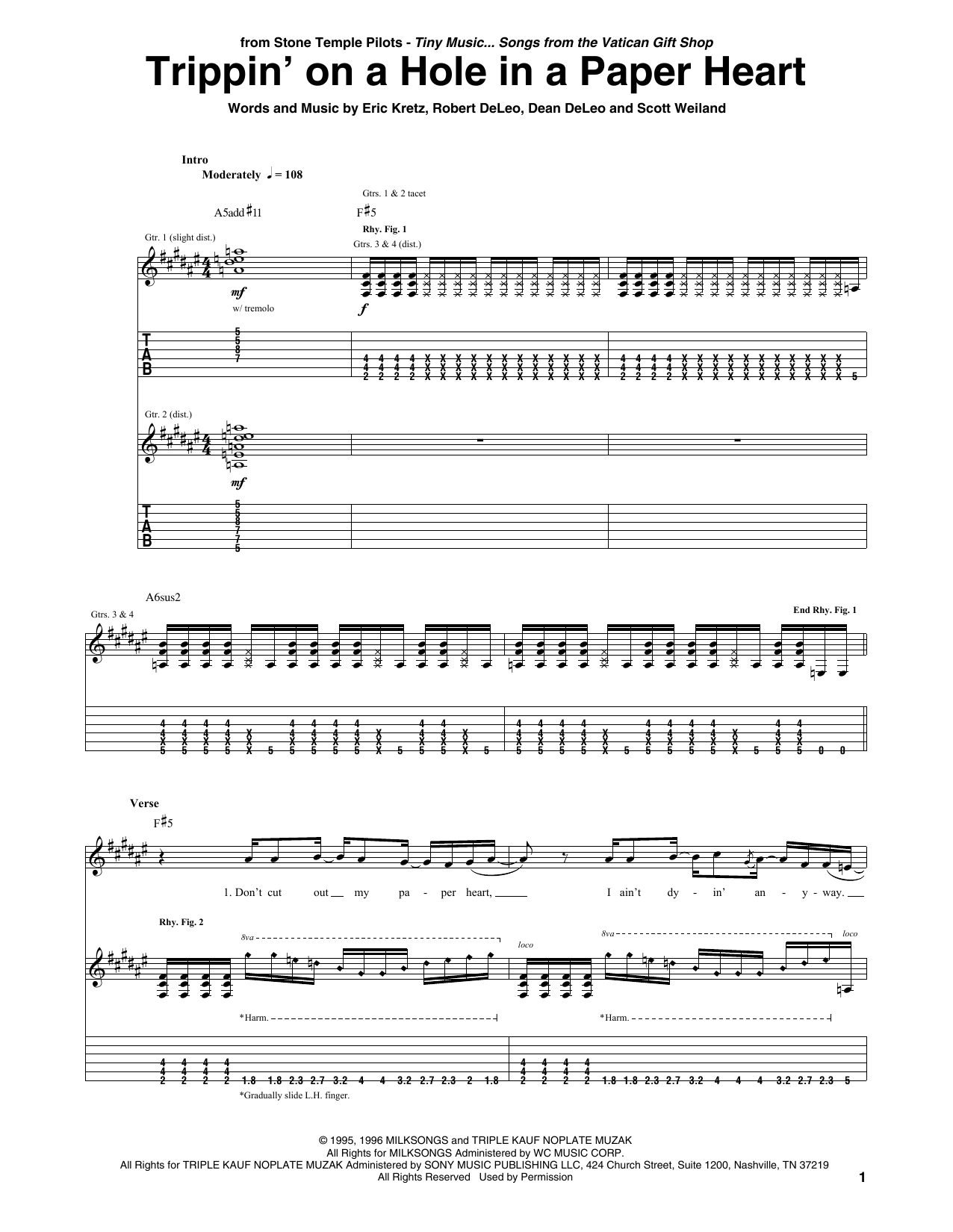 Trippin' On A Hole In A Paper Heart (Guitar Tab) von Stone Temple Pilots