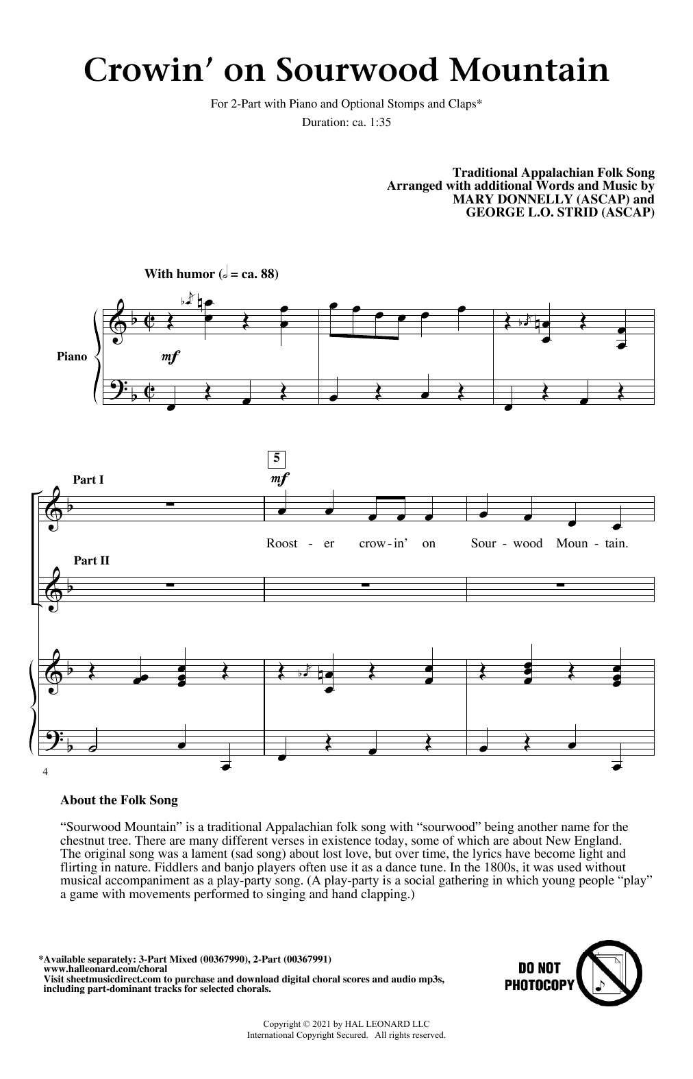 Crowin' On Sourwood Mountain (arr. Mary Donnelly and George L.O. Strid) (2-Part Choir) von Traditional Appalachian Folk Song