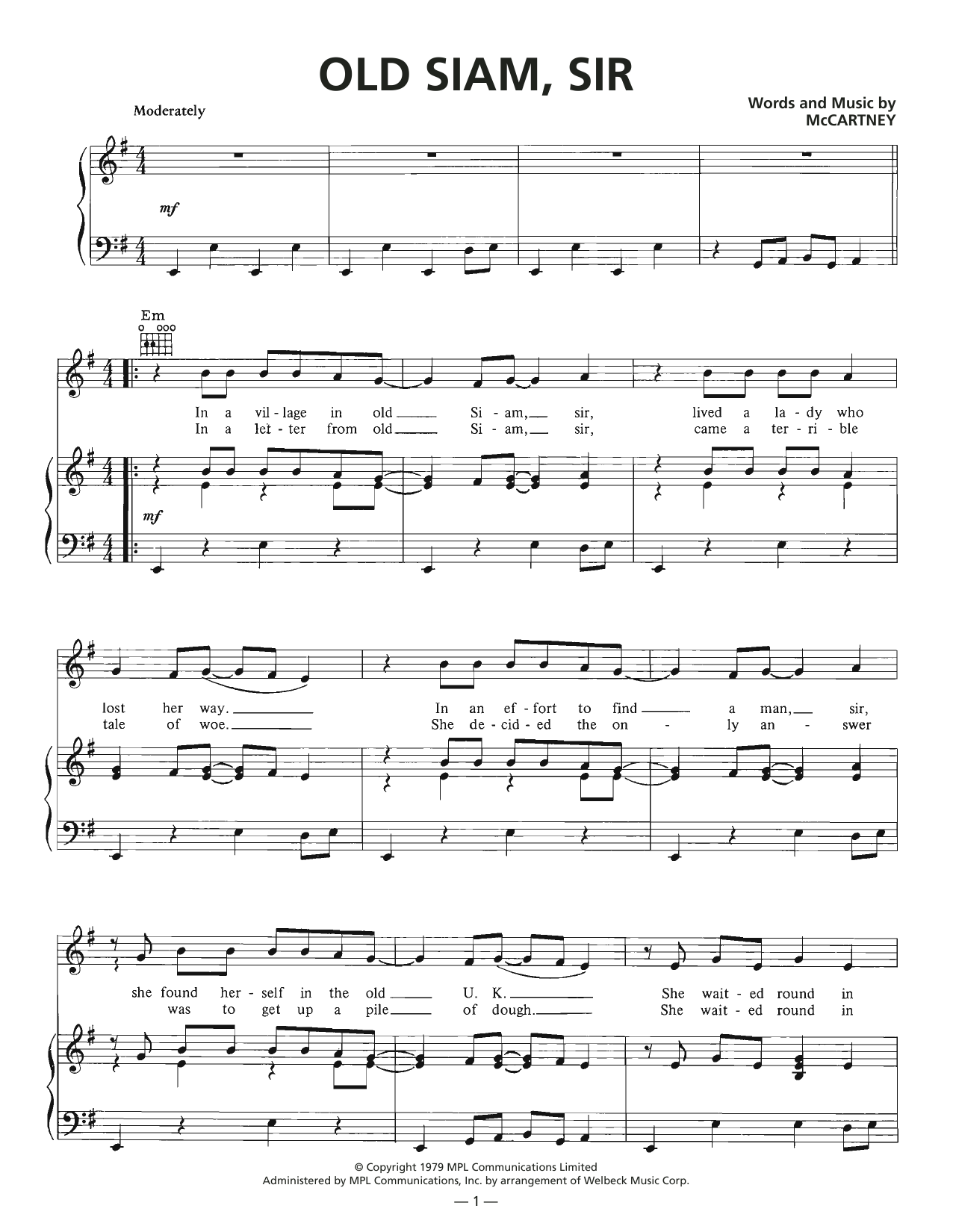 Old Siam, Sir (Piano, Vocal & Guitar Chords (Right-Hand Melody)) von Wings