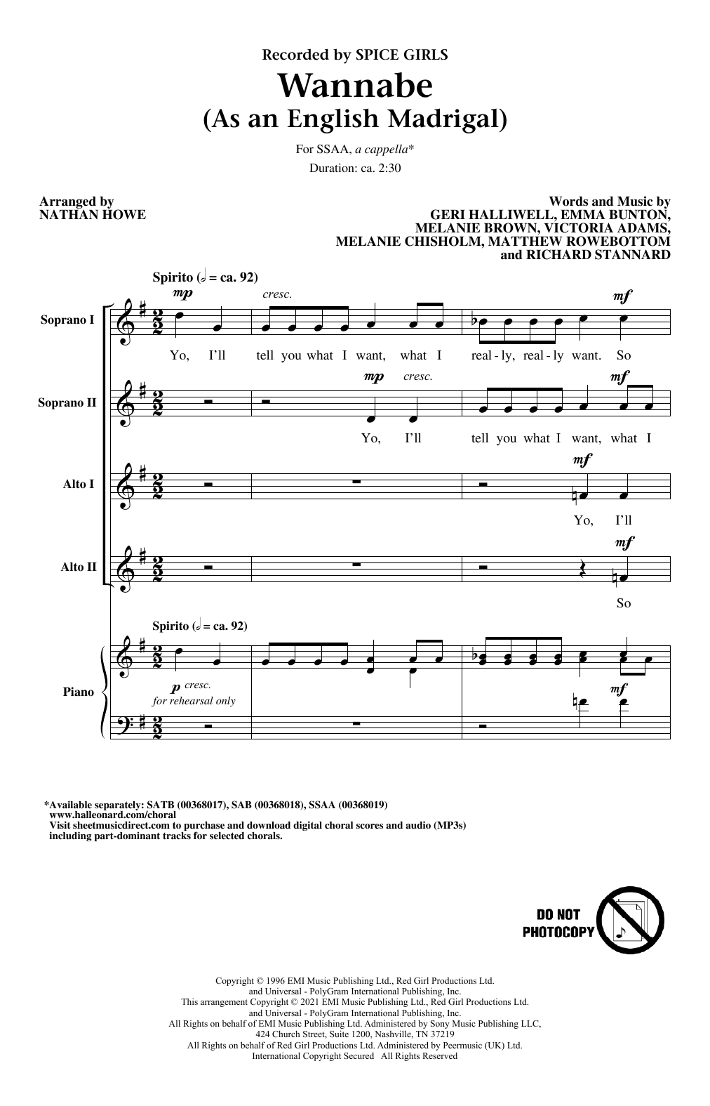 Wannabe (As an English Madrigal) (arr. Nathan Howe) (SSAA Choir) von Spice Girls