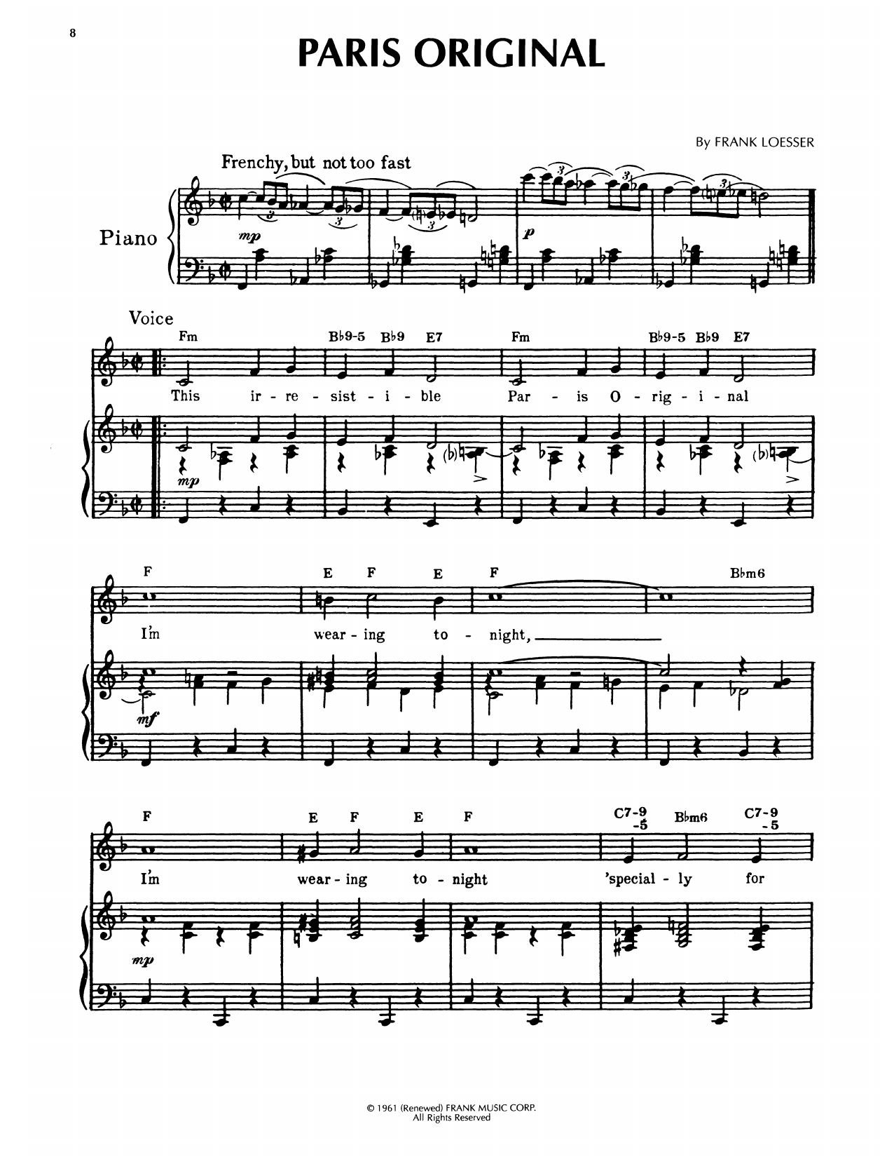 Paris Original (from How To Succeed In Business Without Really Trying) (Piano, Vocal & Guitar Chords (Right-Hand Melody)) von Frank Loesser