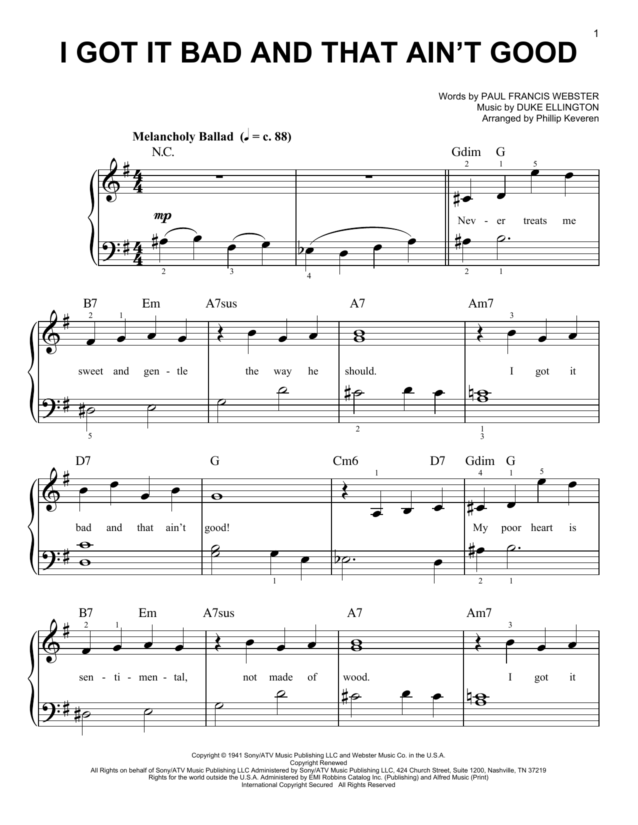 I Got It Bad And That Ain't Good (arr. Phillip Keveren) (Easy Piano) von Duke Ellington