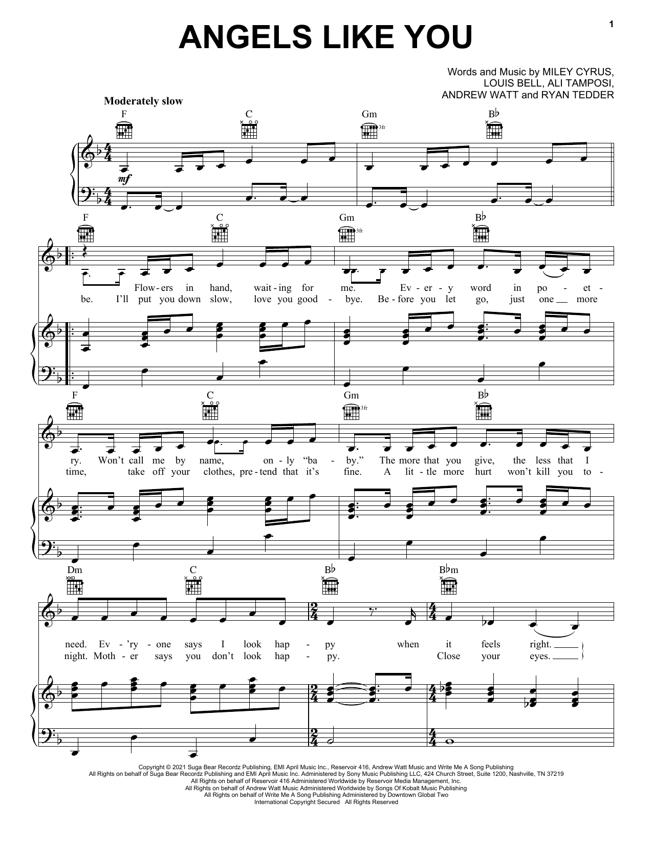 Angels Like You (Piano, Vocal & Guitar Chords (Right-Hand Melody)) von Miley Cyrus