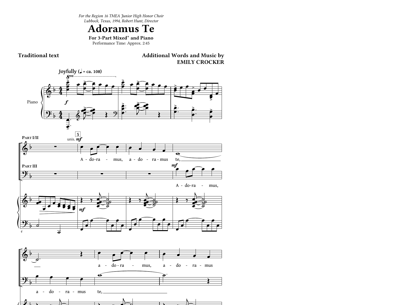 Adoramus Te (3-Part Mixed Choir) von Emily Crocker
