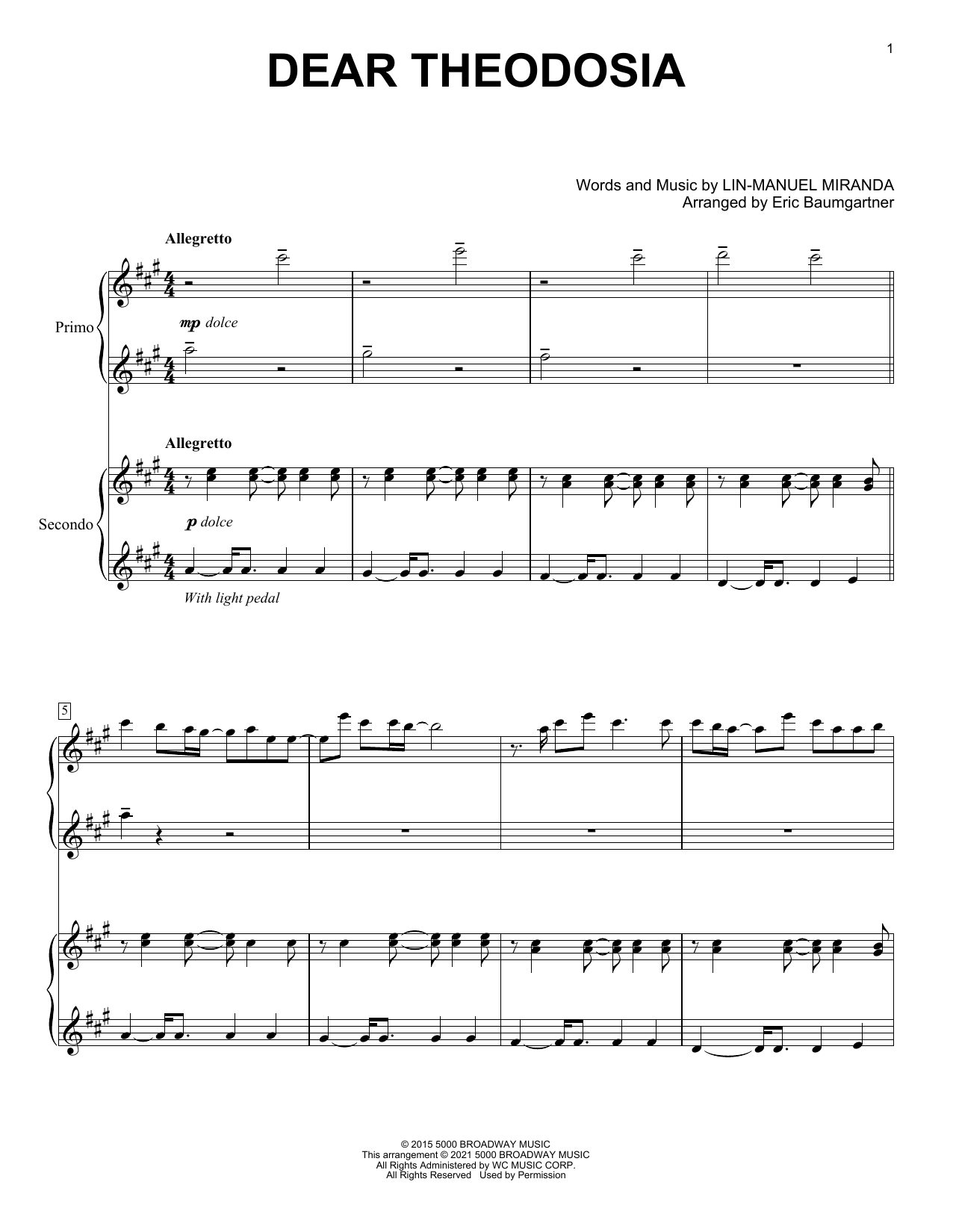 Dear Theodosia (from Hamilton) (arr. Eric Baumgartner) (Piano Duet) von Lin-Manuel Miranda