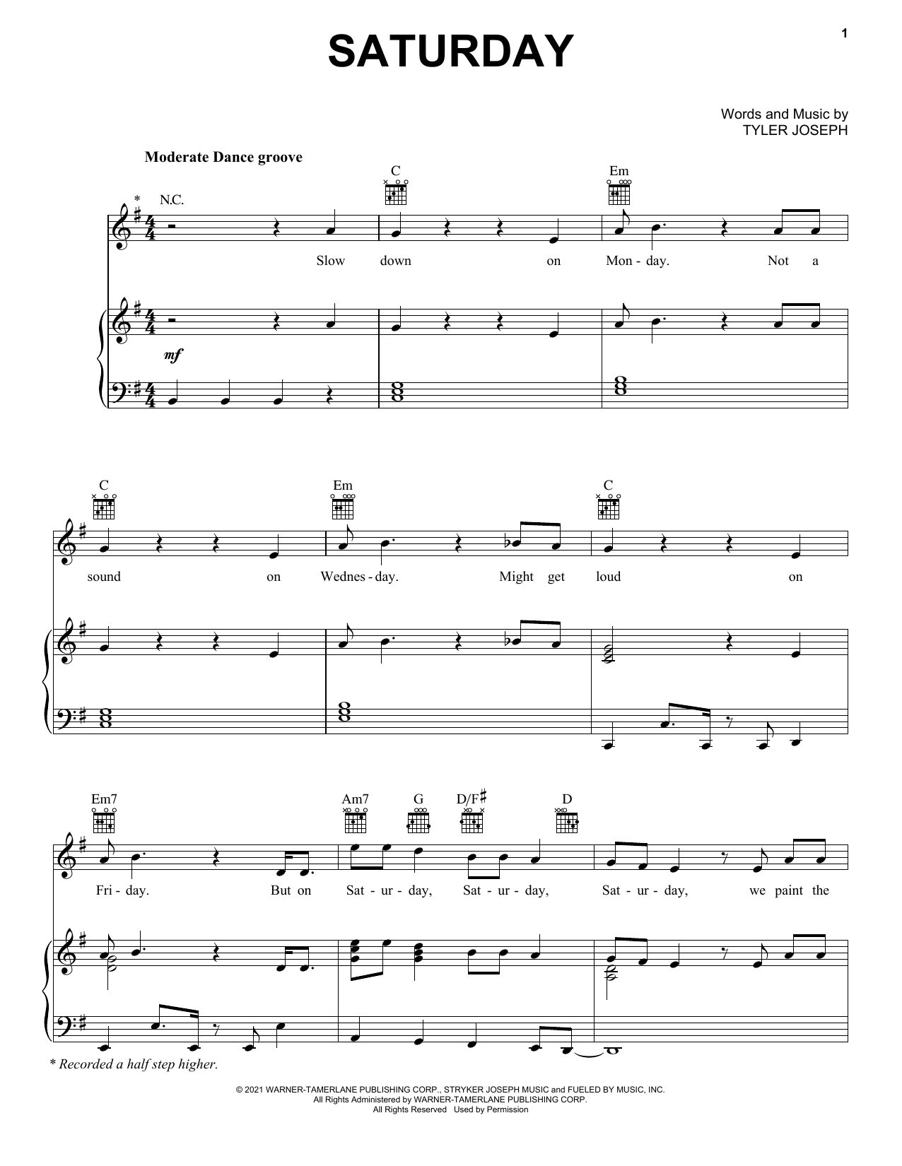 Saturday (Piano, Vocal & Guitar Chords (Right-Hand Melody)) von Twenty One Pilots