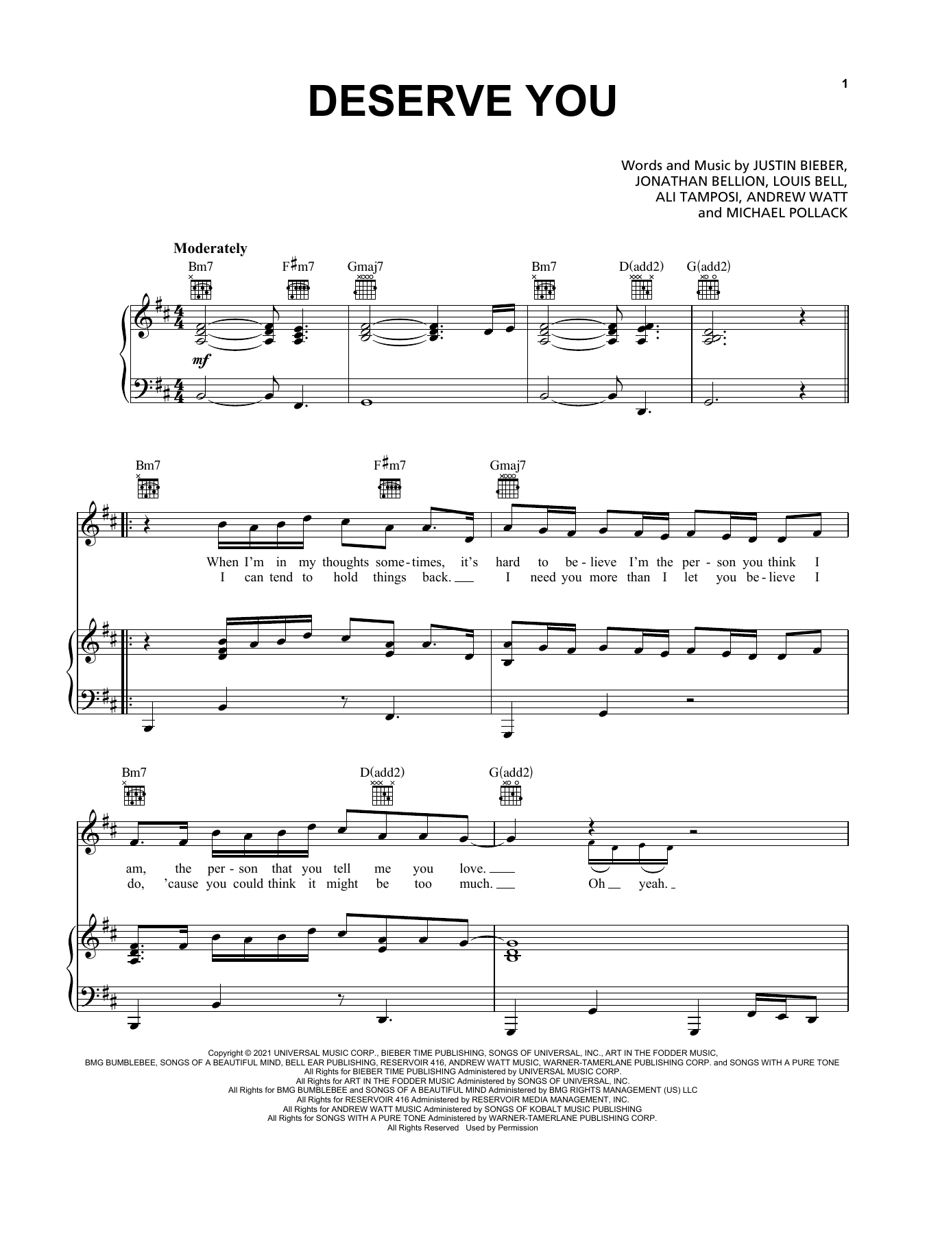 Deserve You (Piano, Vocal & Guitar Chords (Right-Hand Melody)) von Justin Bieber