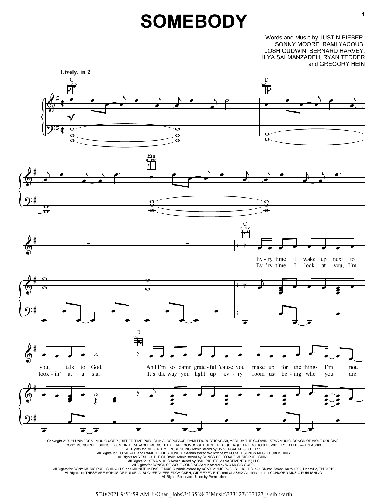 Somebody (Piano, Vocal & Guitar Chords (Right-Hand Melody)) von Justin Bieber