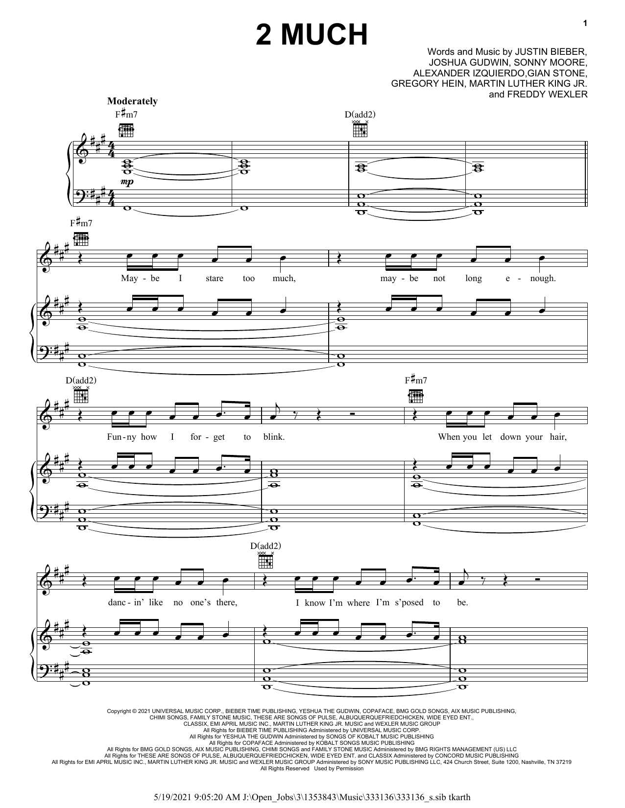 2 Much (Piano, Vocal & Guitar Chords (Right-Hand Melody)) von Justin Bieber