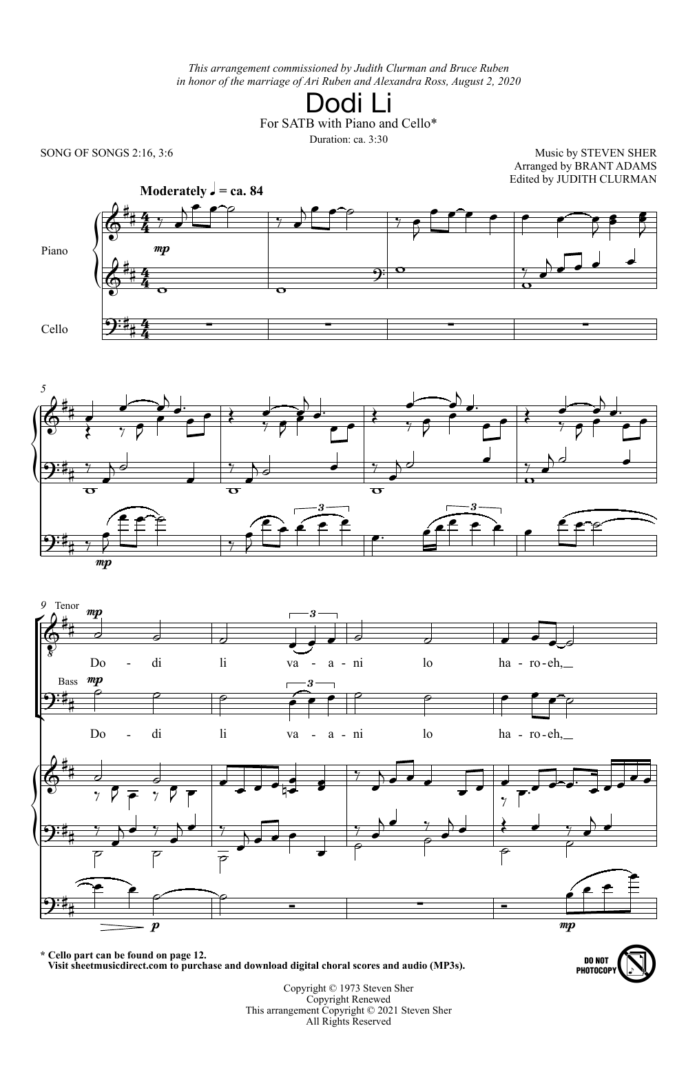 Dodi Li (arr. Brant Adams) (SATB Choir) von Steven Sher
