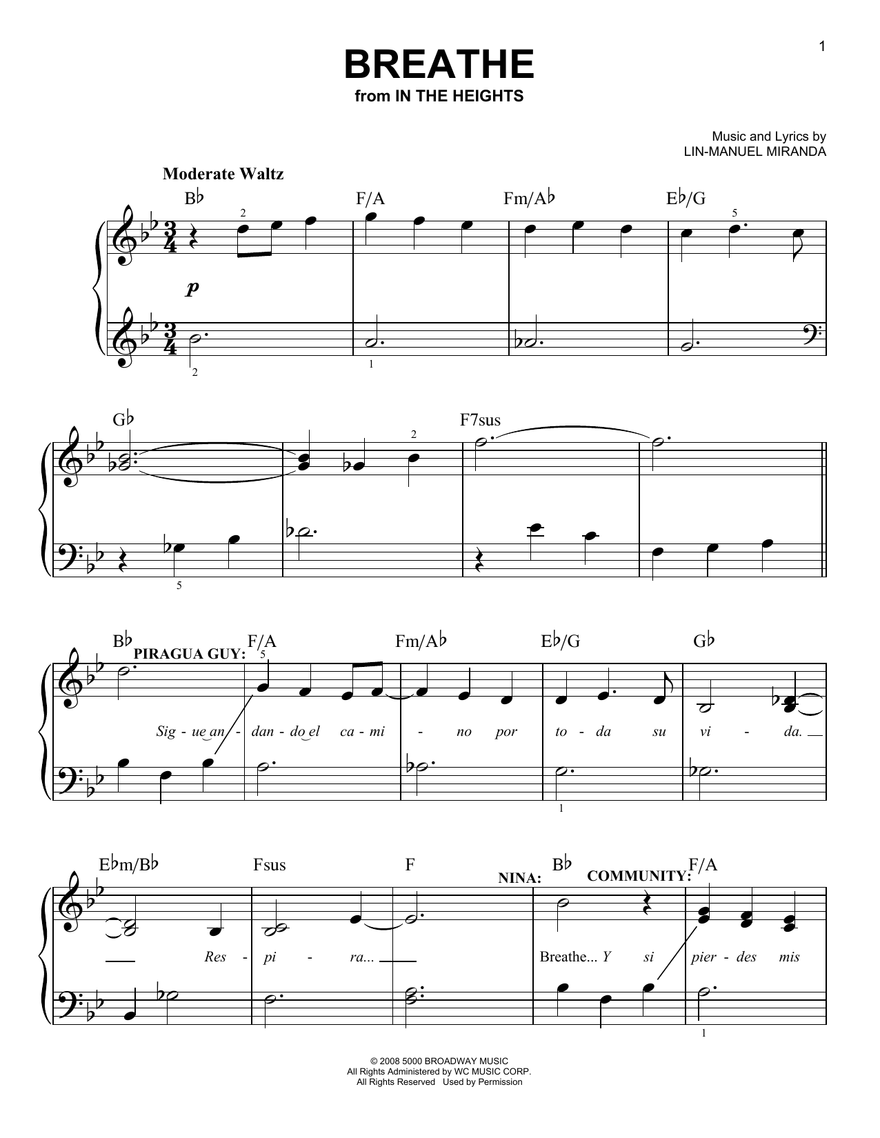 Breathe (from In The Heights: The Musical) (Easy Piano) von Lin-Manuel Miranda