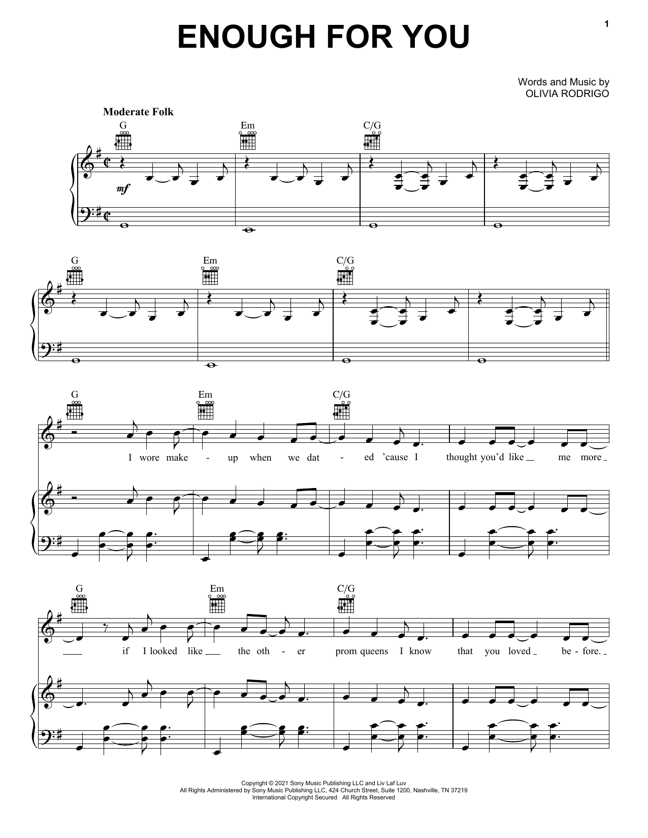 enough for you (Piano, Vocal & Guitar Chords (Right-Hand Melody)) von Olivia Rodrigo