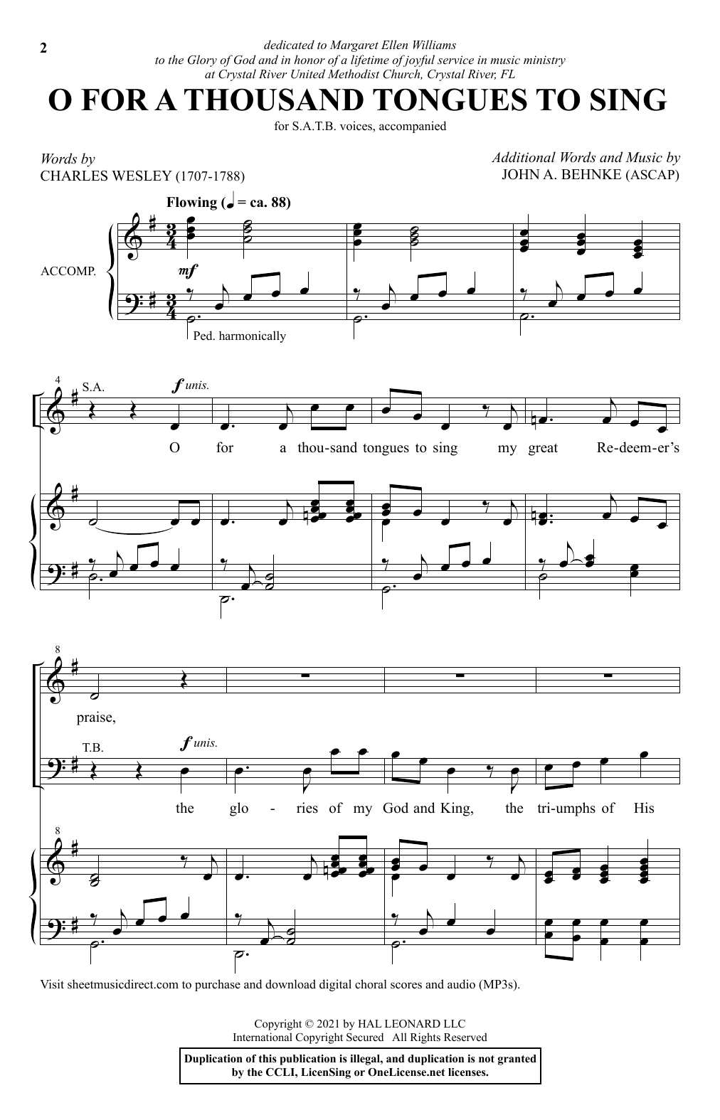 O For A Thousand Tongues To Sing (SATB Choir) von John A. Behnke