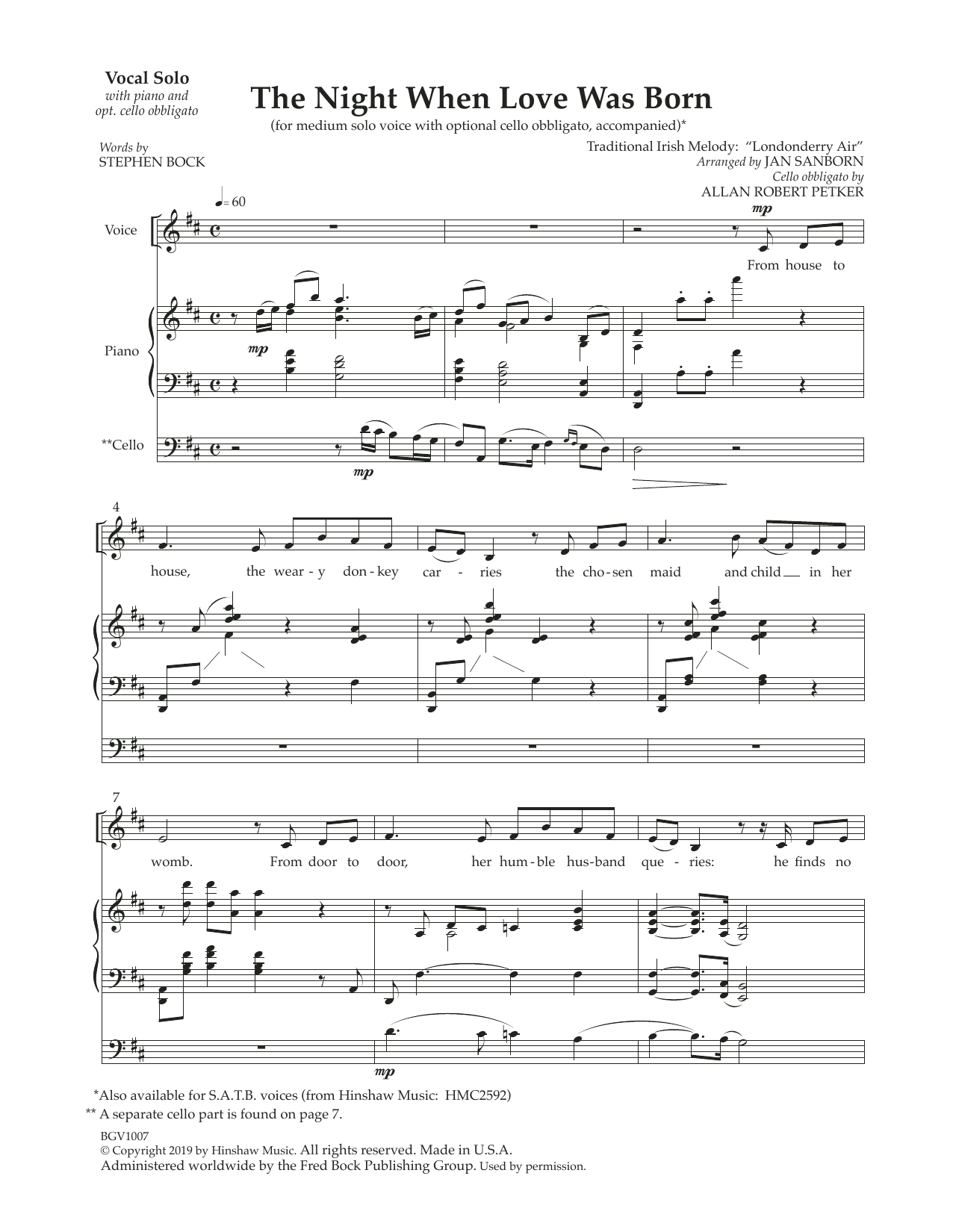 The Night That Love Was Born (with optional cello obbligato) (Piano & Vocal) von Jan Sanborn