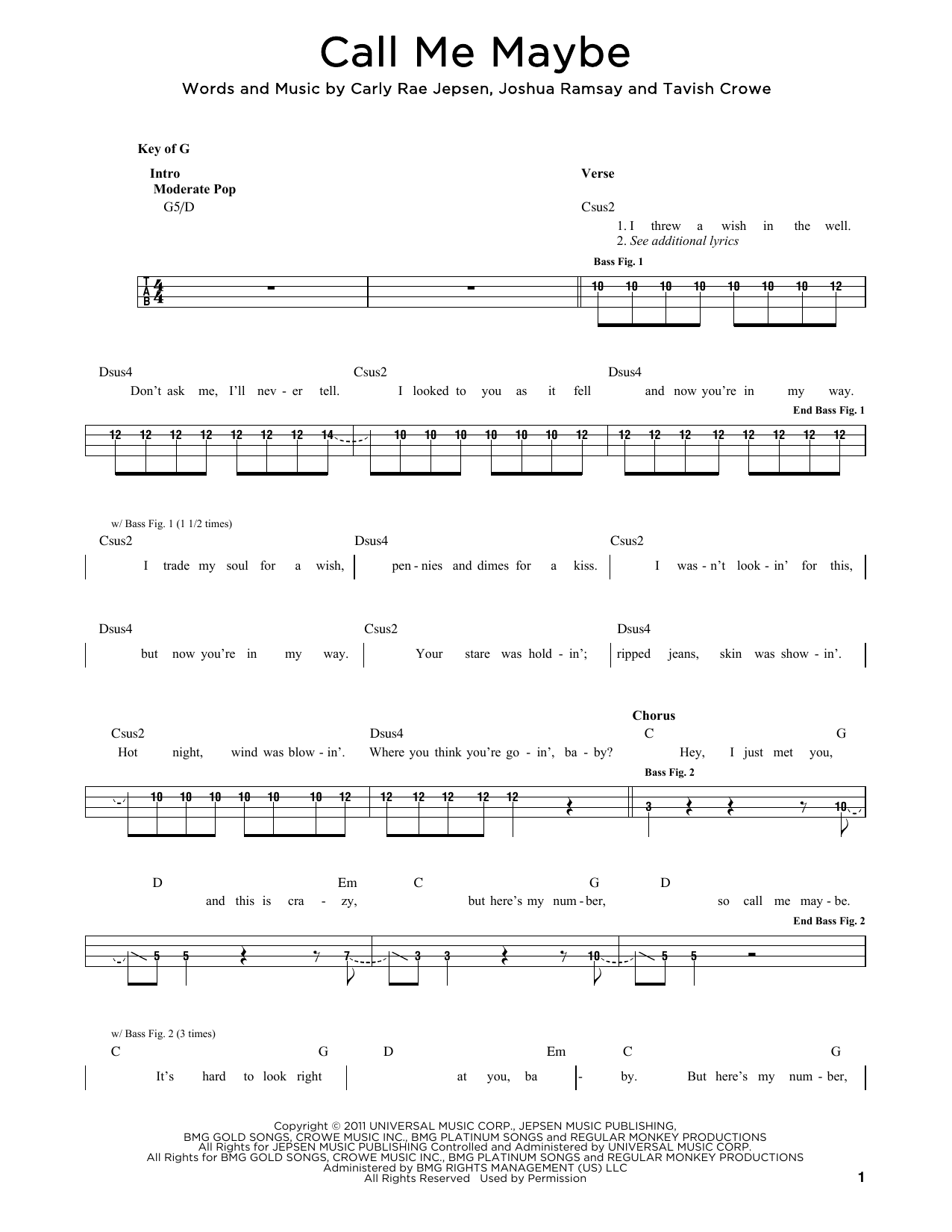 Call Me Maybe (Easy Bass Tab) von Carly Rae Jepsen