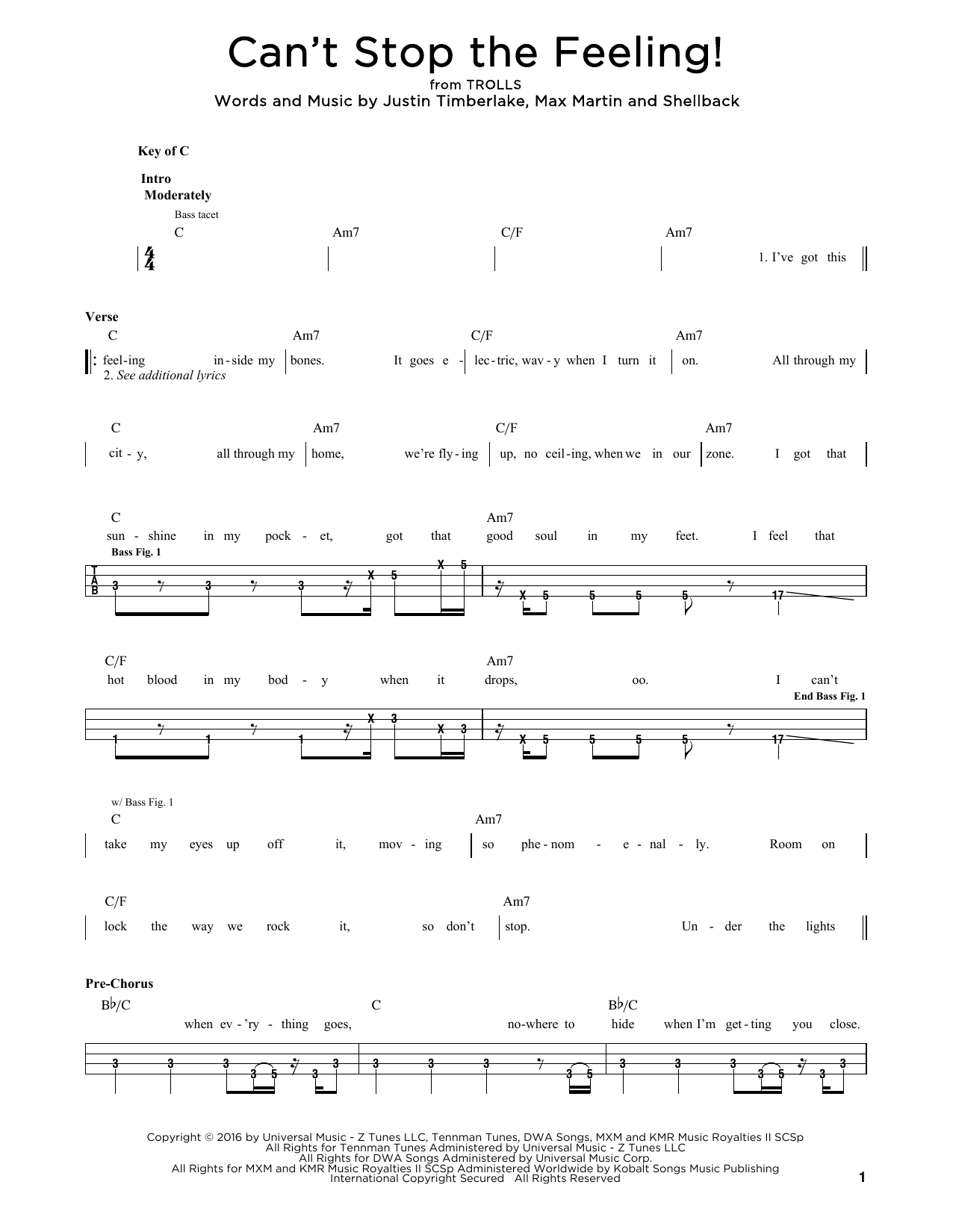 Can't Stop The Feeling! (Easy Bass Tab) von Justin Timberlake
