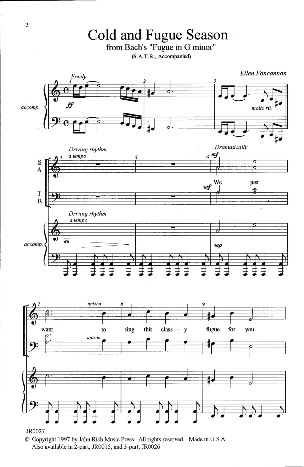Cold and Fugue Season (arr. Ellen Foncannon) (SATB Choir) von J.S. Bach