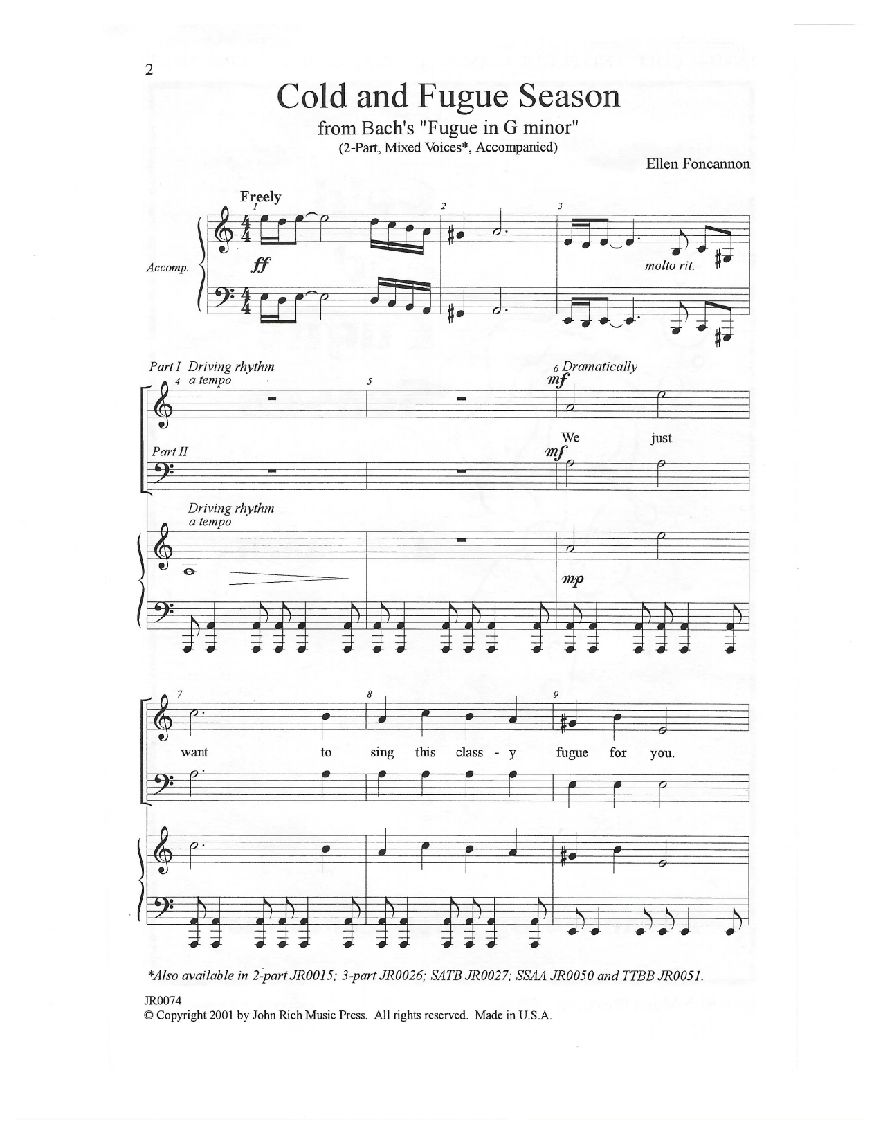 Cold and Fugue Season (arr. Ellen Foncannon) (2-Part Choir) von J.S. Bach
