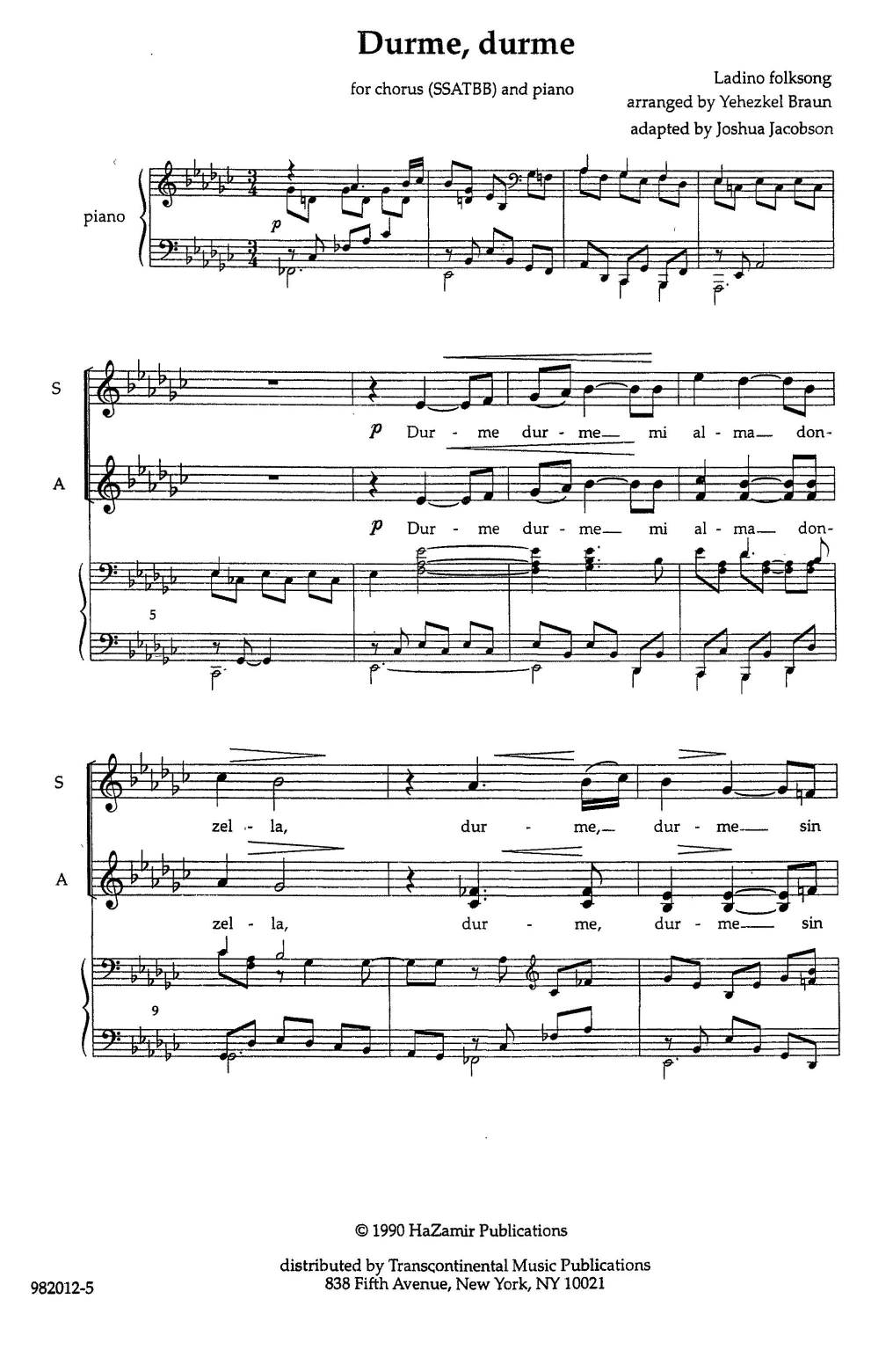 Durme, Durme (SATB Choir) von Yehezkel Braun