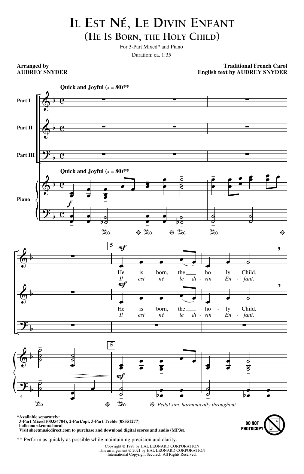 Il Est N, Le Divin Enfant (He Is Born, The Holy Child) (arr. Audrey Snyder) (3-Part Mixed Choir) von Traditional French Carol