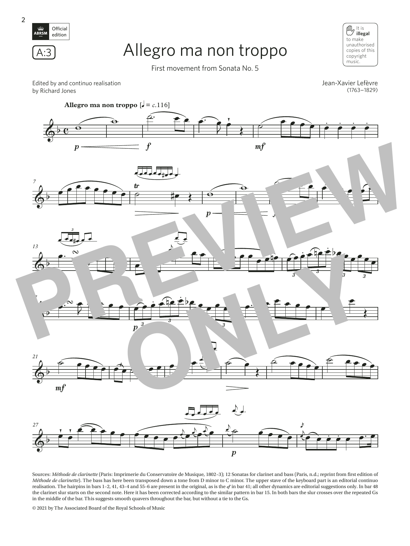 Allegro ma non troppo (from Sonata No5)(Grade 6 List A3 from the ABRSM Clarinet syllabus from 2022) (Clarinet Solo) von Jean-Xavier Lefvre