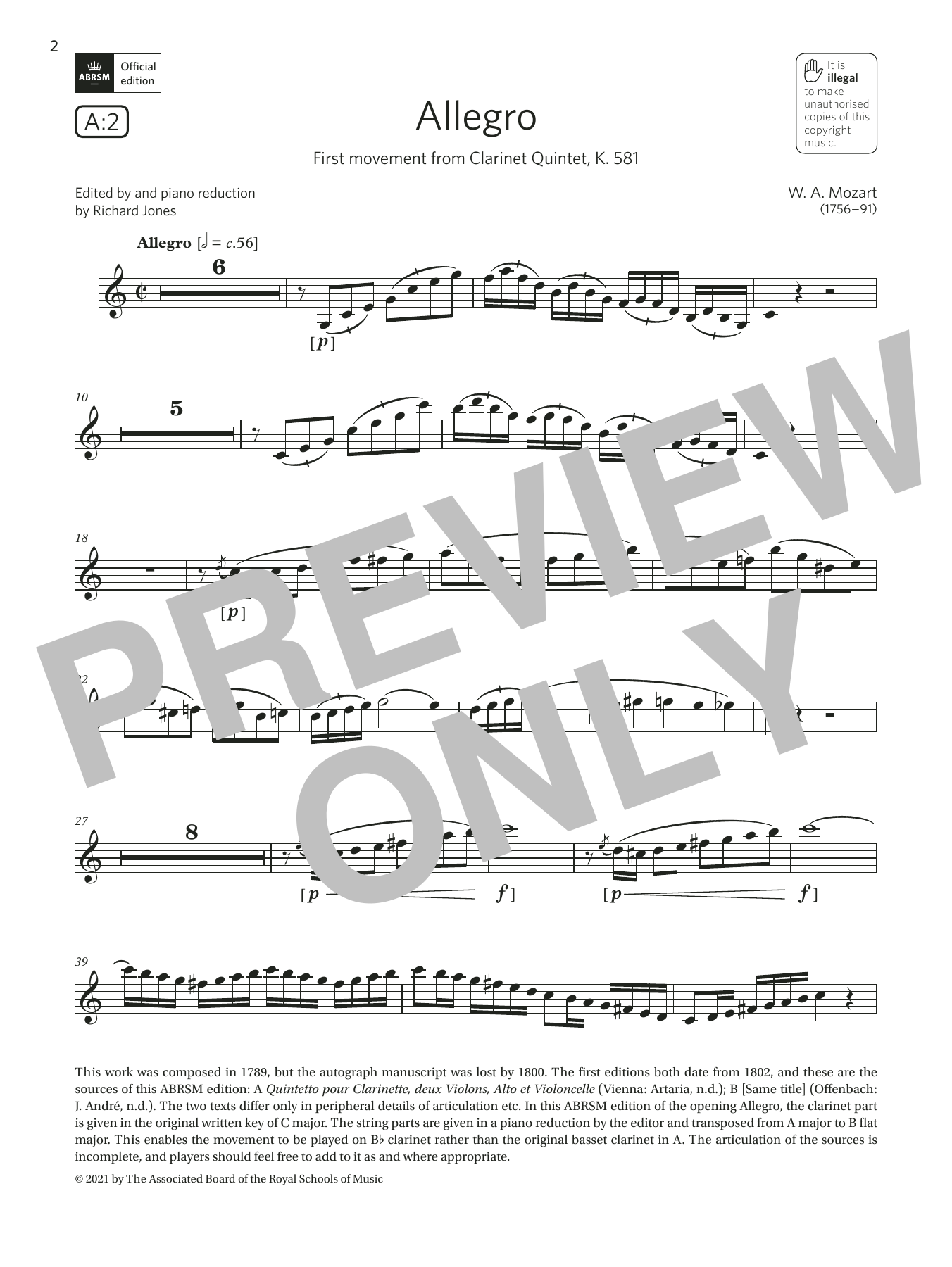 Allegro (from Clarinet Quintet, K.581) (Grade 7 List A2 from the ABRSM Clarinet syllabus from 2022) (Clarinet Solo) von Wolfgang Amadeus Mozart