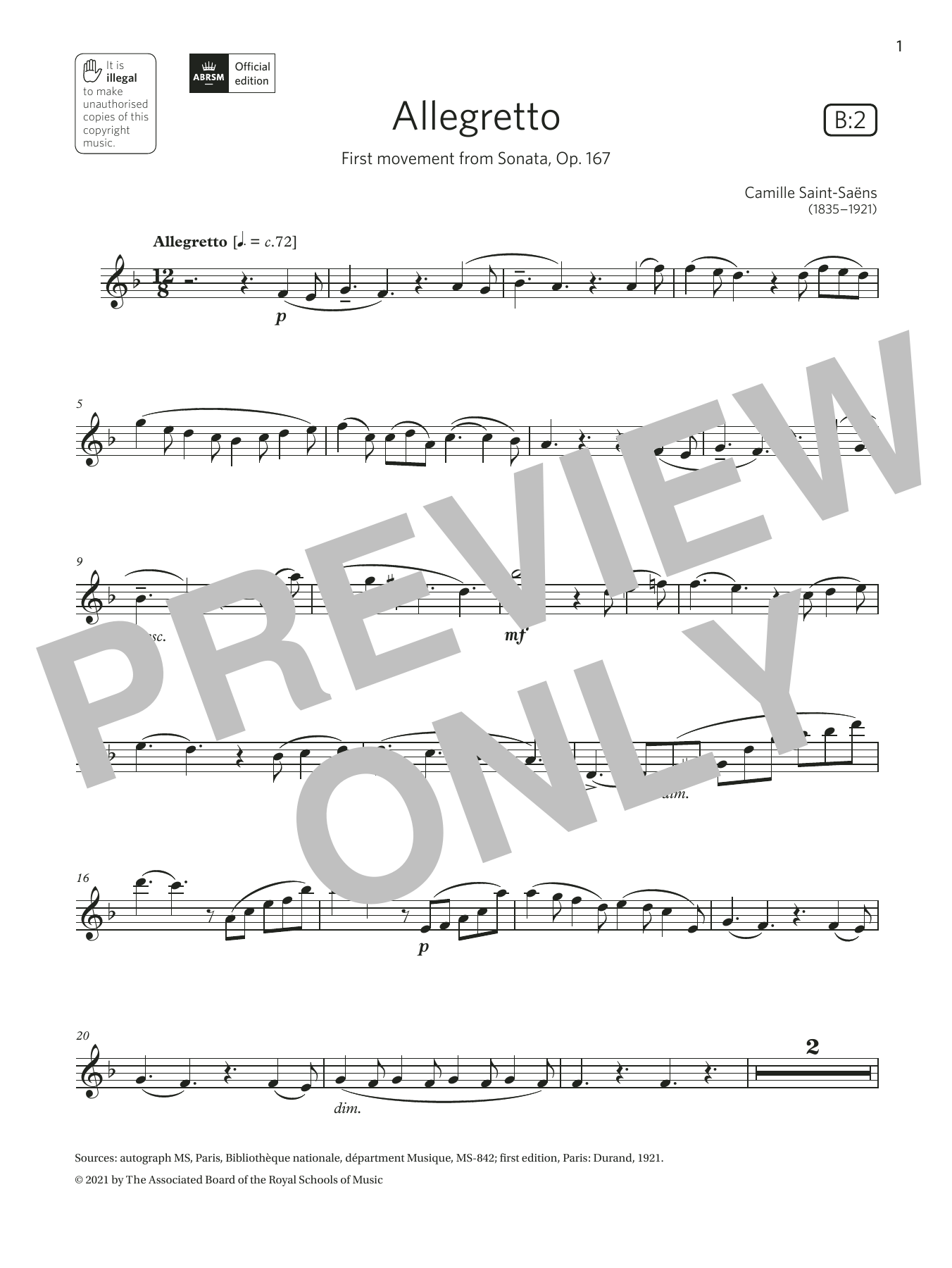 Allegretto (from Sonata, Op. 167) (Grade 7 List B2 from the ABRSM Clarinet syllabus from 2022) (Clarinet Solo) von Camille Saint-Saens
