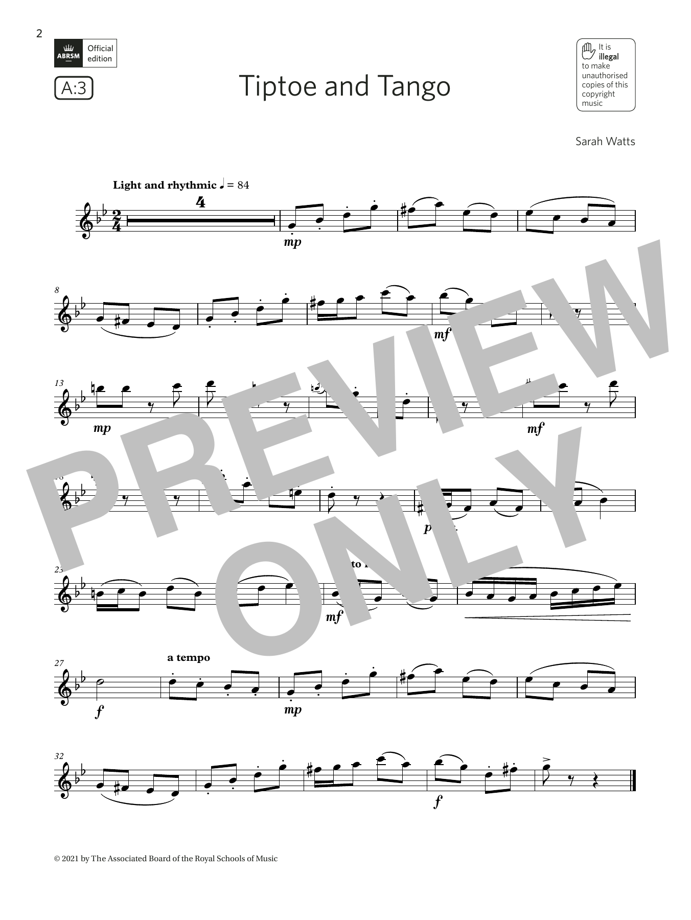 Tiptoe and Tango (Grade 3 List A3 from the ABRSM Flute syllabus from 2022) (Flute Solo) von Sarah Watts
