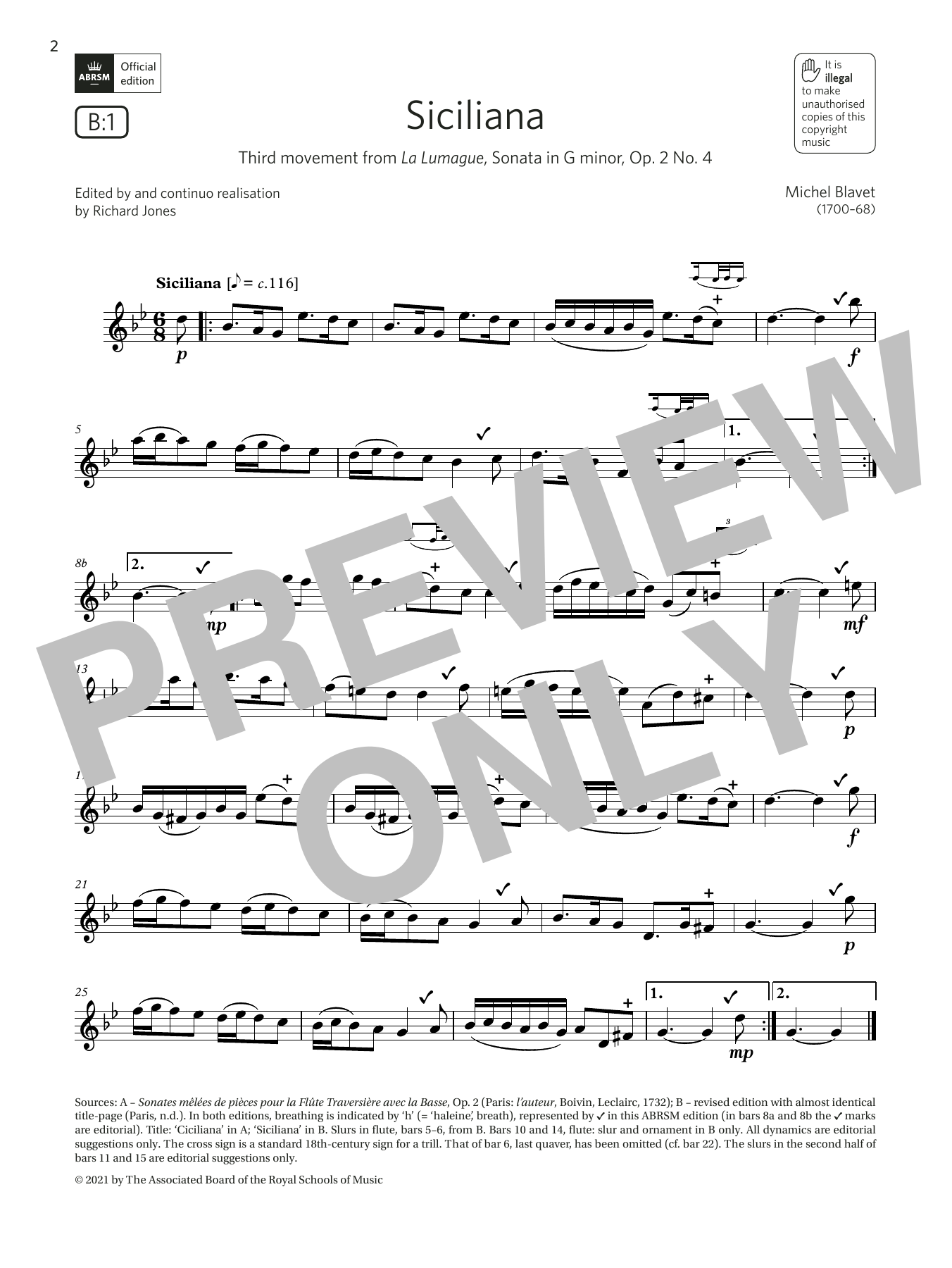 Siciliana (from Sonata in G minor, Op2 No4) (Grade 4 B1 from the ABRSM Flute syllabus from 2022) (Flute Solo) von Michel Blavet