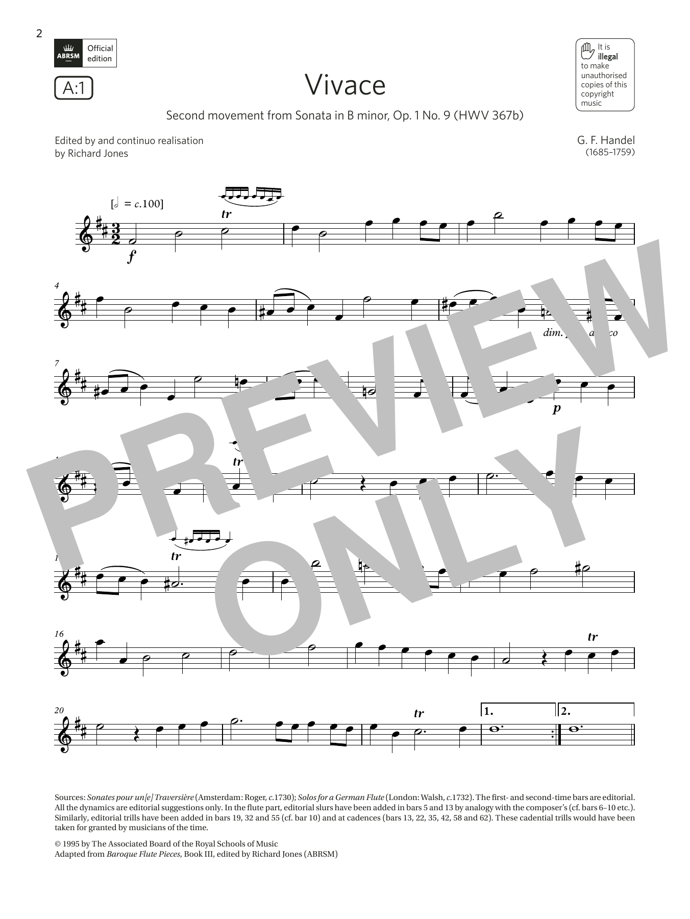 Vivace (from Sonata in B minor, Op.1 No.9)(Grade 5 List A1 from the ABRSM Flute syllabus from 2022) (Flute Solo) von George Frideric Handel