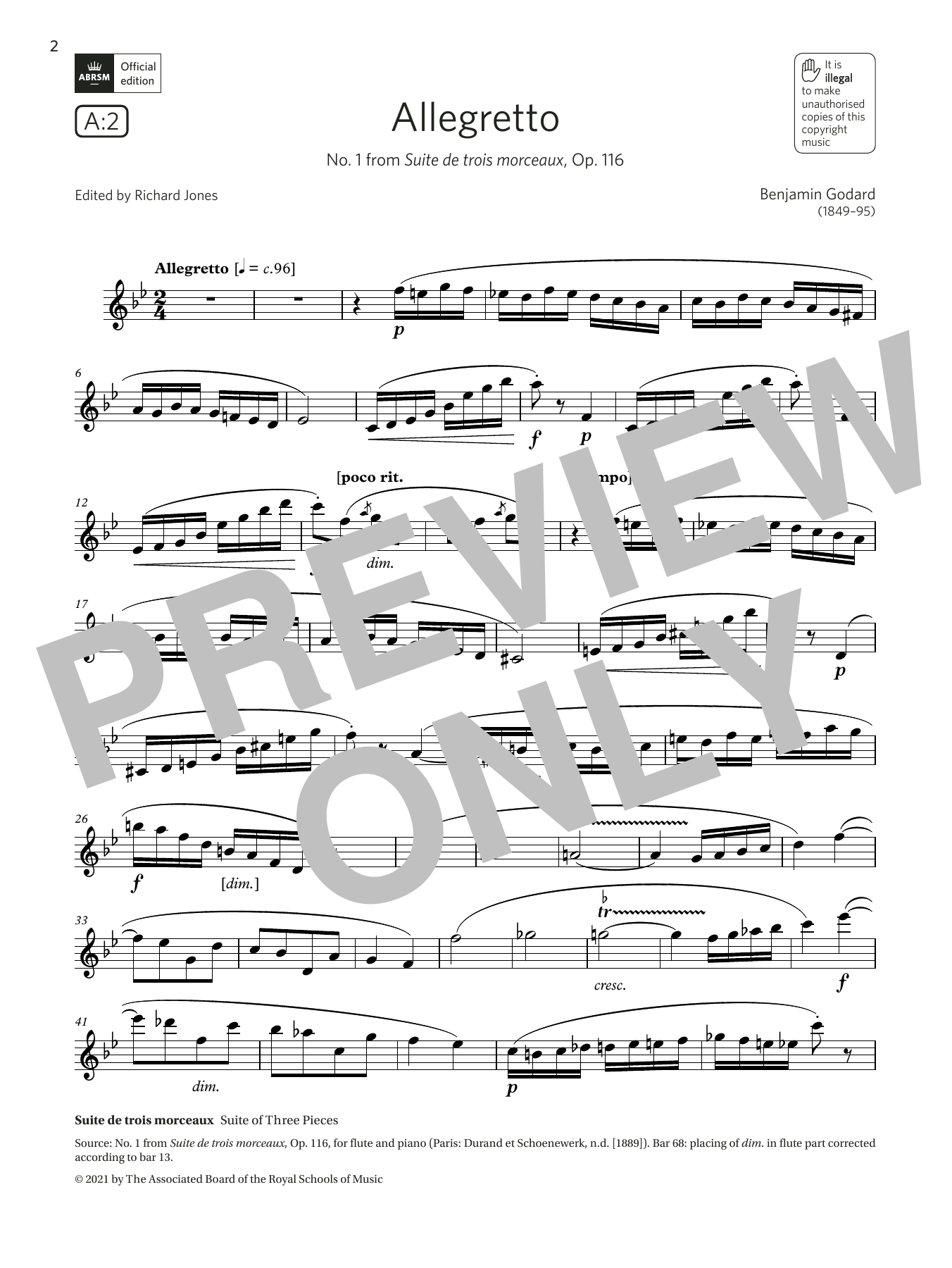 Allegretto (from Suite de trois morceaux) (Grade 6 List A2 from the ABRSM Flute syllabus from 2022) (Flute Solo) von Benjamin Godard