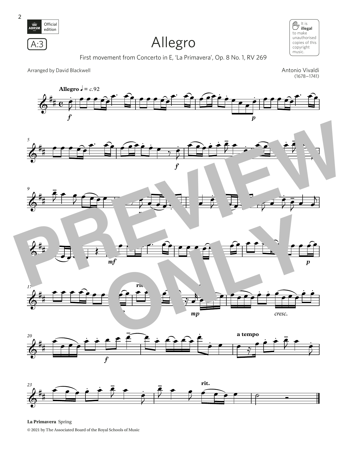 Allegro (from Concerto in E, Op.8 No.1)  (Grade 3 A3 from the ABRSM Saxophone syllabus from 2022) (Alto Sax Solo) von Antonio Vivaldi